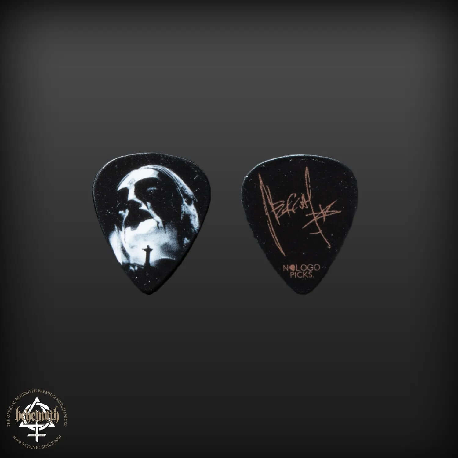 Behemoth Nergal signature plastic guitar pick with 'Statue' print, 1 mm thickness, featuring band logo and Nergal's signature.