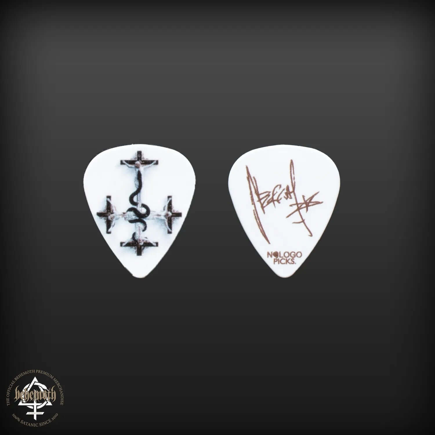 Plastic guitar pick with Behemoth 'OCN' print, featuring Nergal's signature, 1 mm thickness, ideal for fans and musicians.