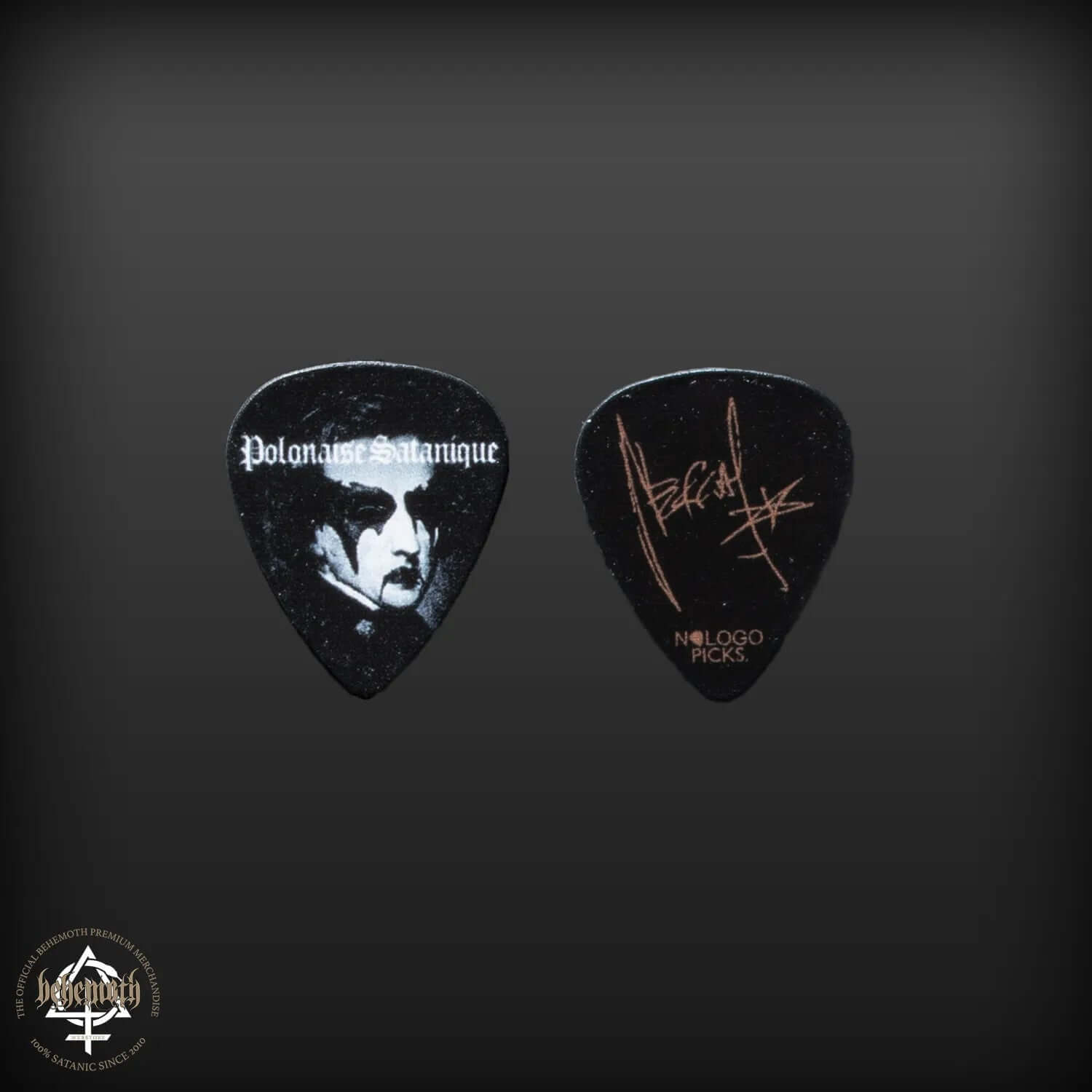 Nergal signature guitar pick with Behemoth 'Polonaise Satanique' design, 1 mm thick, featuring band art and signature print.