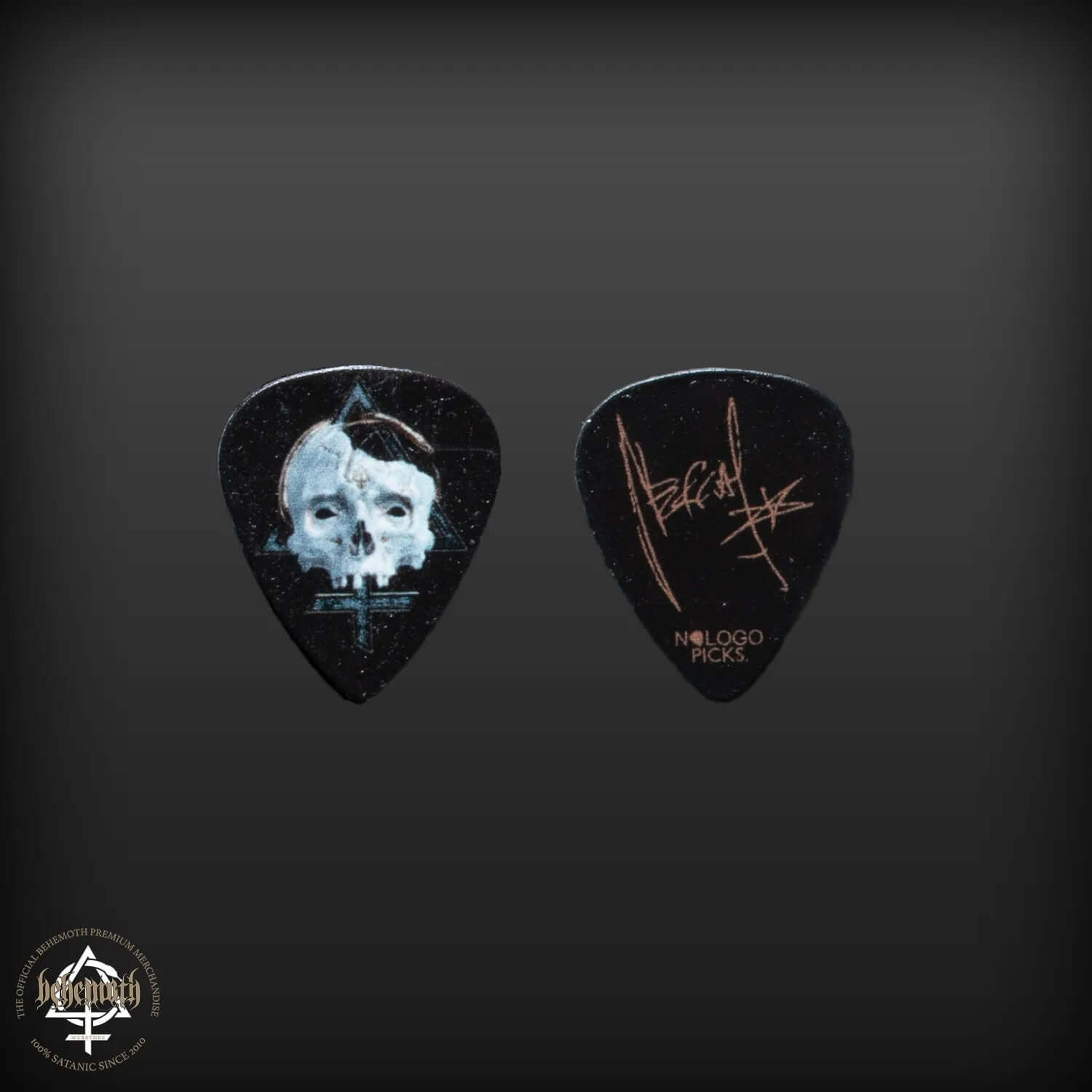 Behemoth 'Contra Skull' black plastic guitar pick, Nergal signature edition, 1 mm thickness. Ideal for fans and musicians. Sold individually.