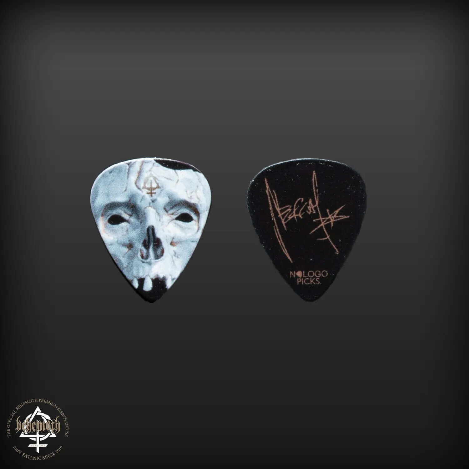 Nergal signature black plastic guitar pick with Behemoth 'Skull' design, 1 mm thick.