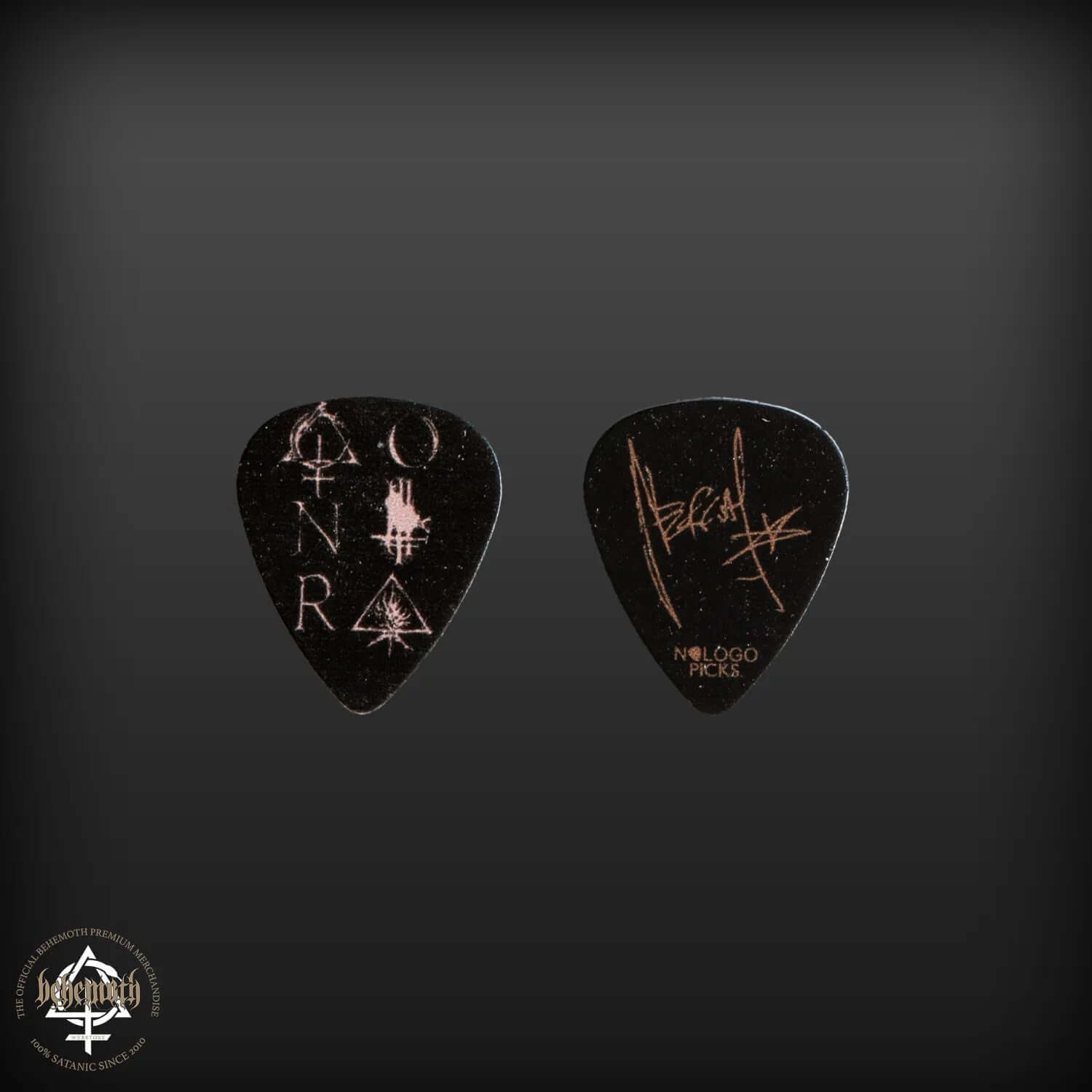 Behemoth 'Contra' black Nergal signature plastic guitar pick, 1mm thick, featuring unique design and artwork for guitarists.