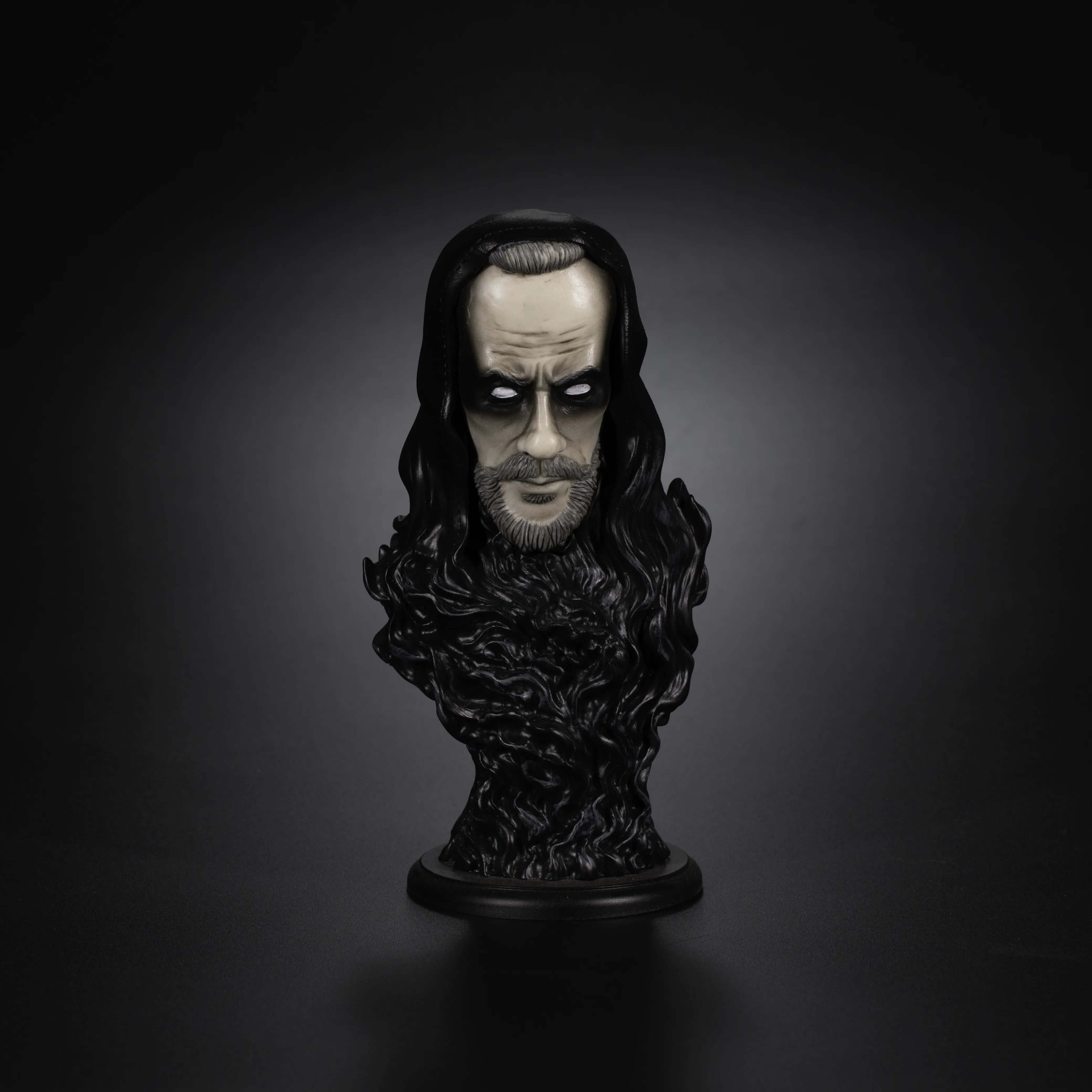 Hand-painted Nergal Behemoth collectible figurine with unique engraved number and authenticity certificate on a stand.