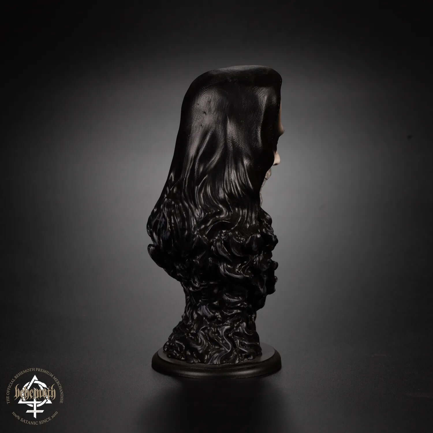 Collectible Nergal/Behemoth figurine, side view, polyurethane resin, hand-painted, unique design, with engraved coin and authenticity certificate.