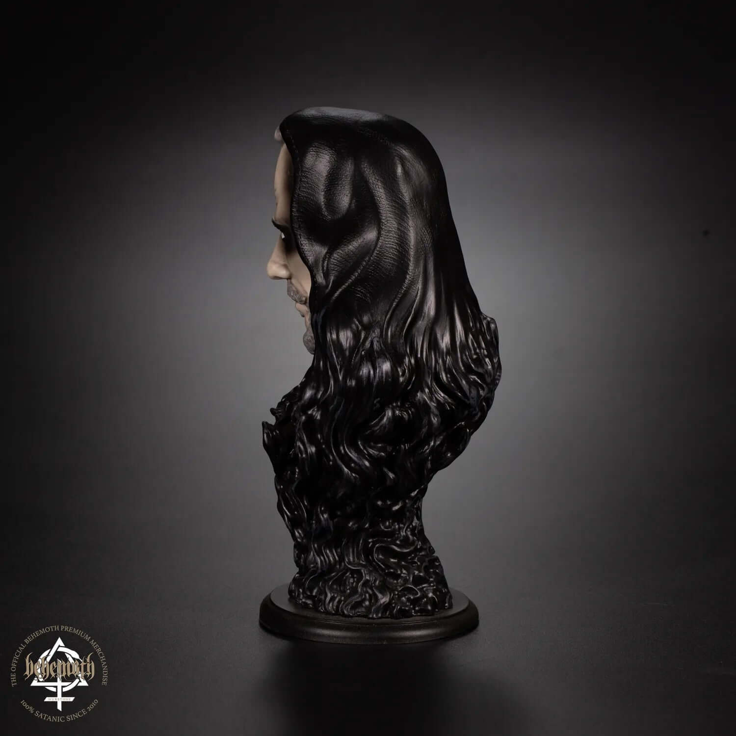 Side view of a hand-painted 'Nergal / Behemoth' collectible figurine made from polyurethane resin, featuring intricate hair details.
