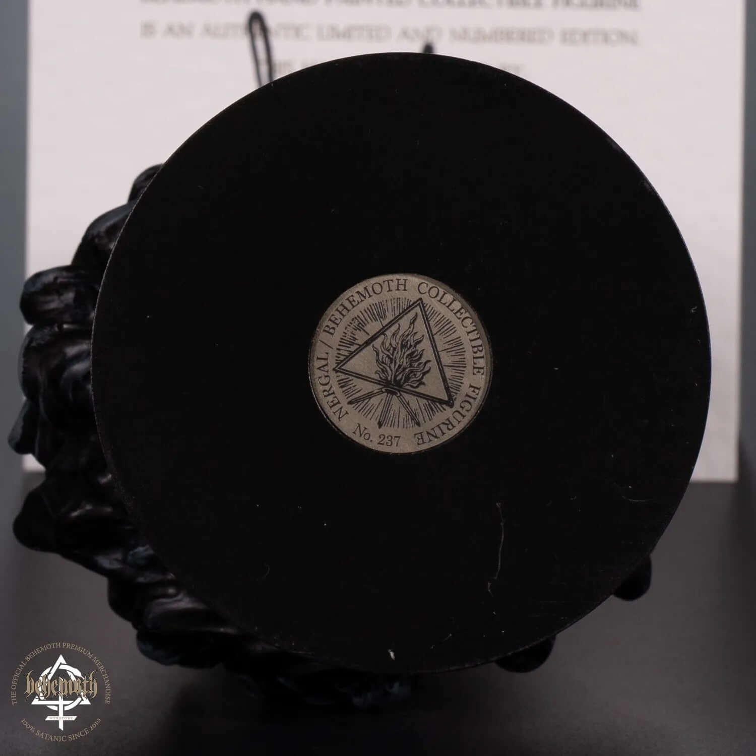 Nergal Behemoth figurine base with unique number and The Unholy Trinity metal coin. Hand-painted resin, collectible item.