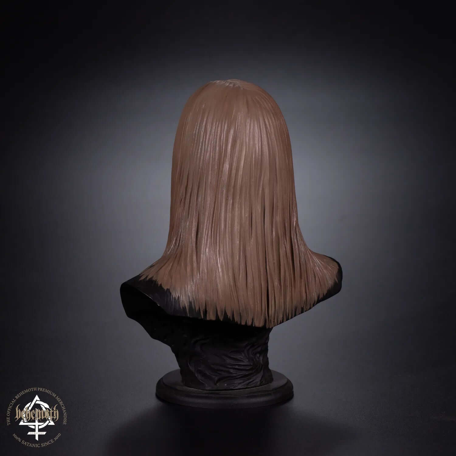 Back view of a hand-painted 'Inferno/Behemoth' collectible figurine showing detailed hair texture, made of polyurethane resin.