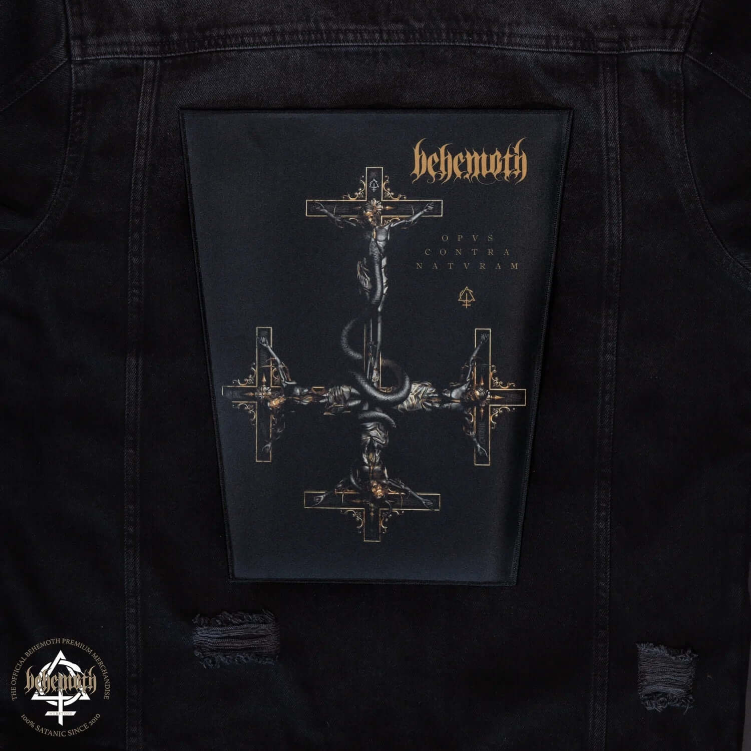 Behemoth 'Opvs Contra Natvram' printed backpatch on black jacket, featuring cross design; iron-on or sew-on; 34.5 cm tall.