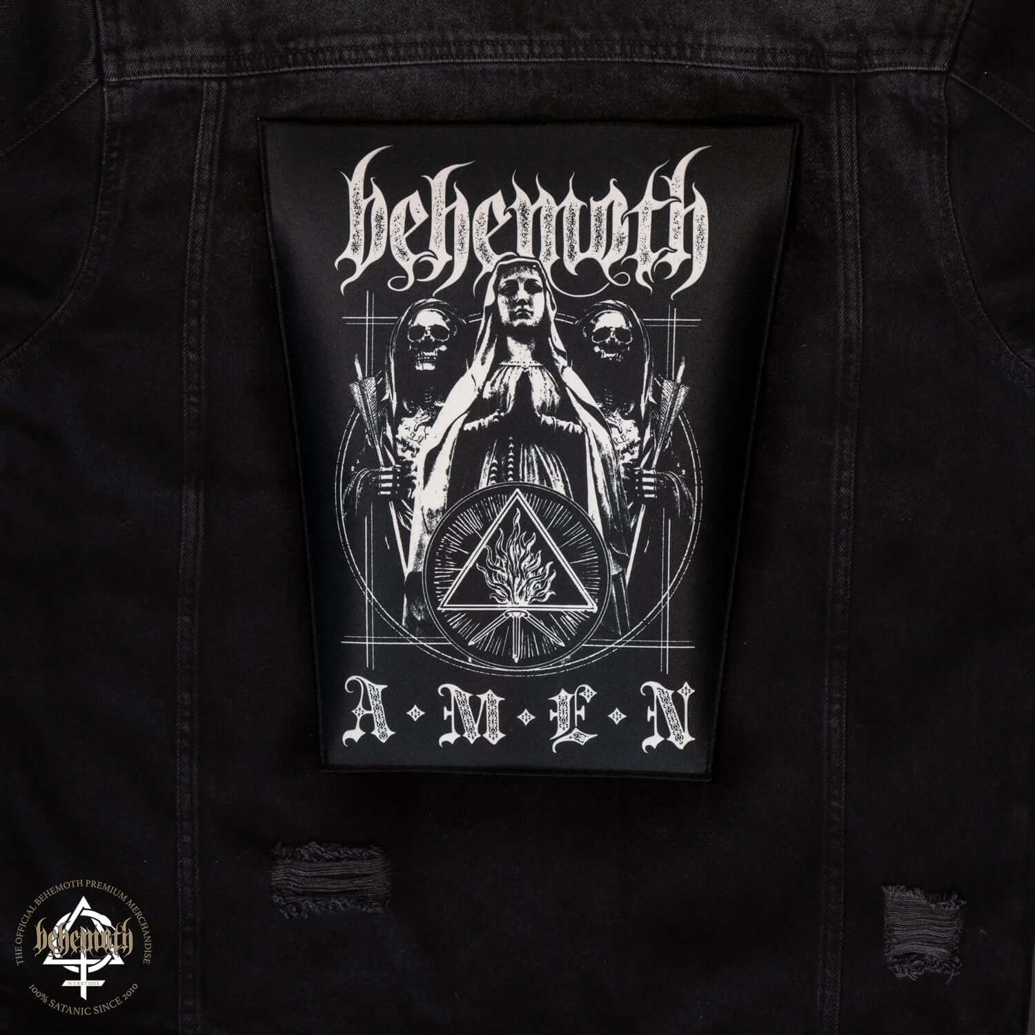 Behemoth 'Amen' iron-on backpatch with printed design, 29cm top width, 21cm bottom width, 34.5cm height, on black jacket back.