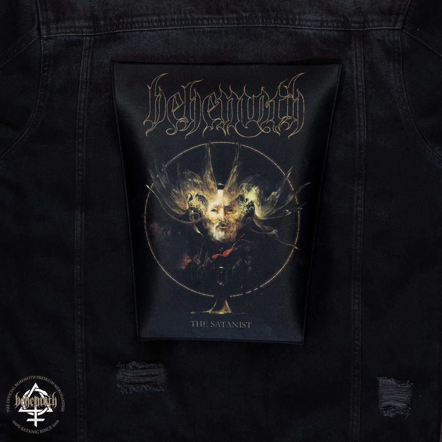 Behemoth 'The Satanist' iron-on back patch on black jacket, featuring printed artwork for metal fans. Customizable apparel accessory.
