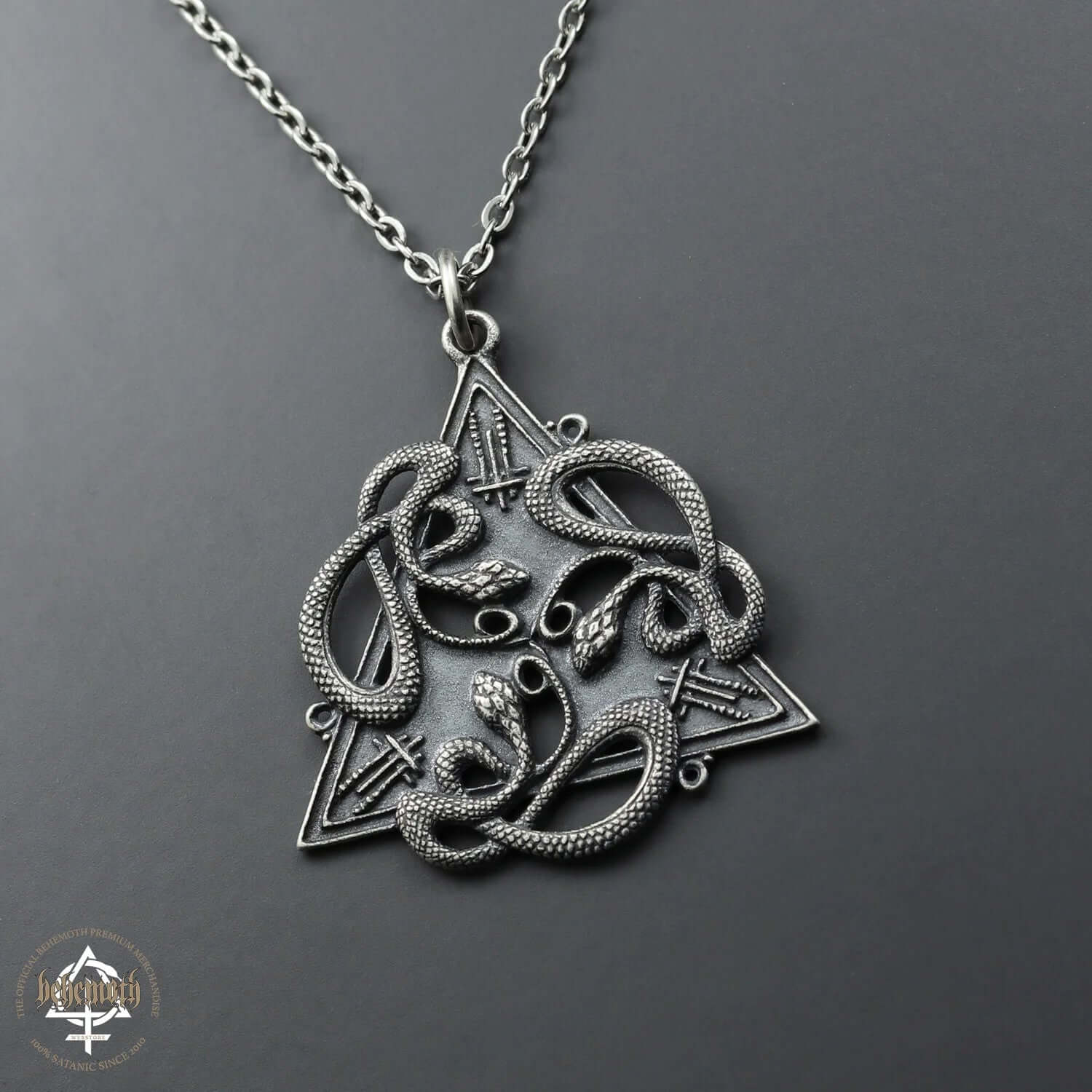 Sterling silver Behemoth '666' necklace with intricate openwork design, hand-sculpted for a unique, dark aesthetic.
