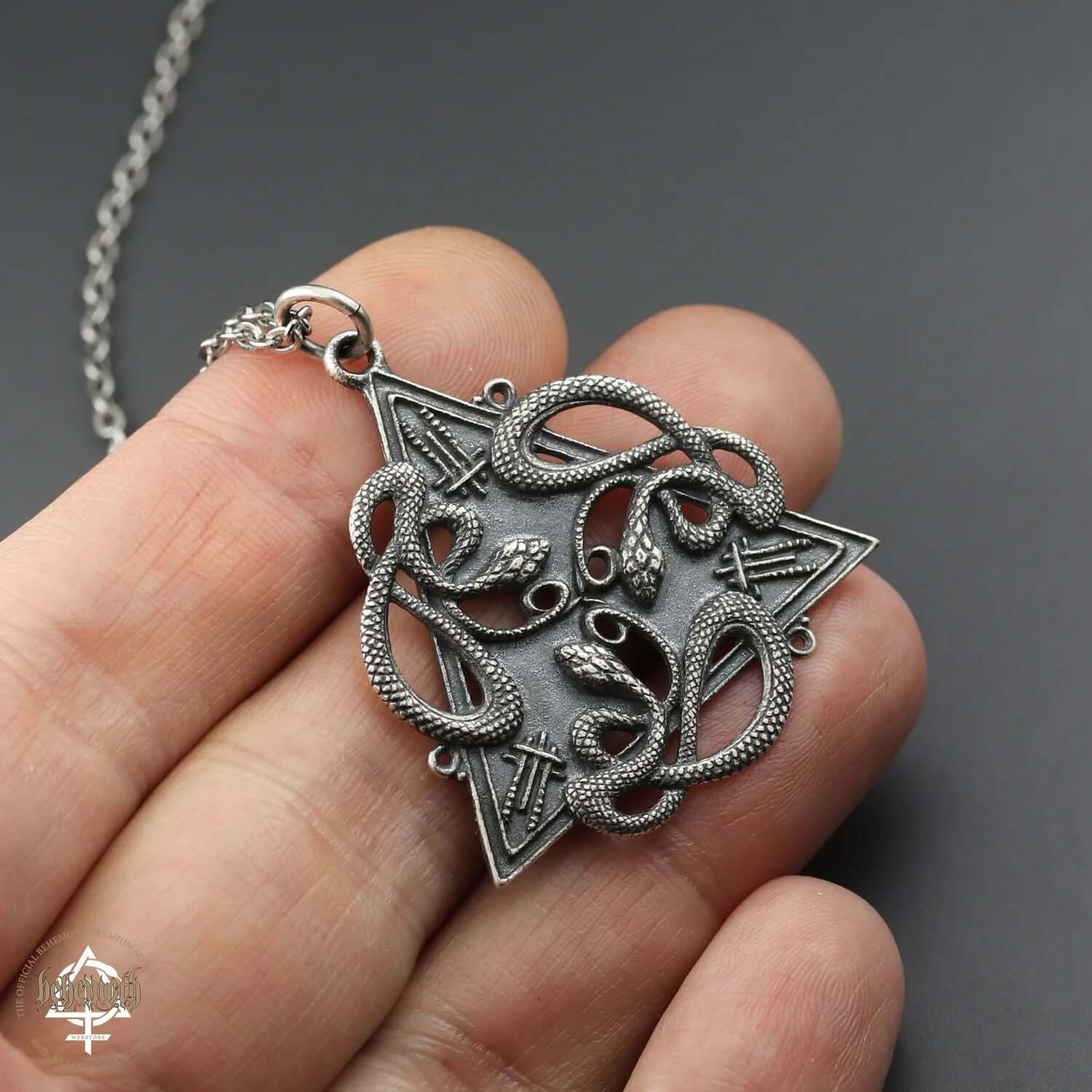 Sterling silver '666' Behemoth necklace with intricate snake design, hand-sculpted and oxidized for detail, by Anna Mazon.