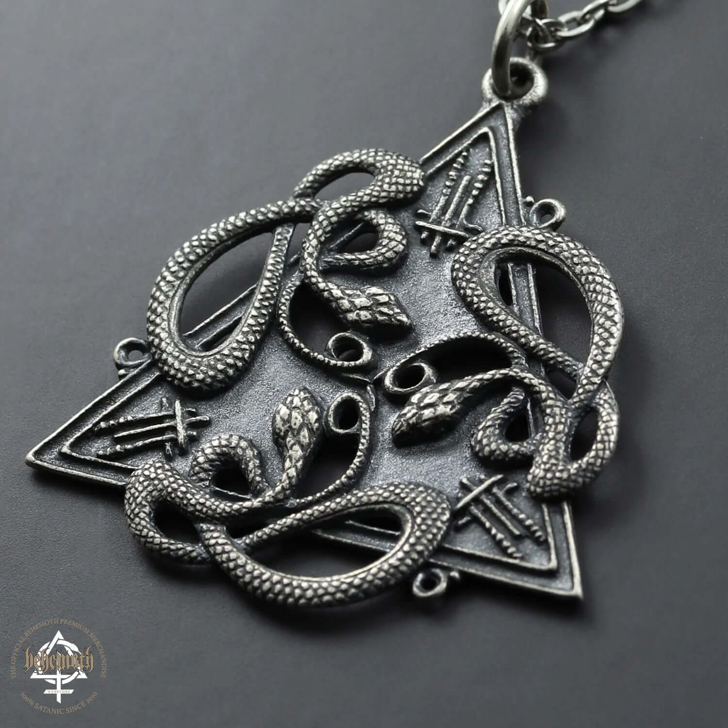 Behemoth '666' sterling silver necklace with intricate snake design, hand-sculpted and oxidized for detailed texture, by Anna Mazon.