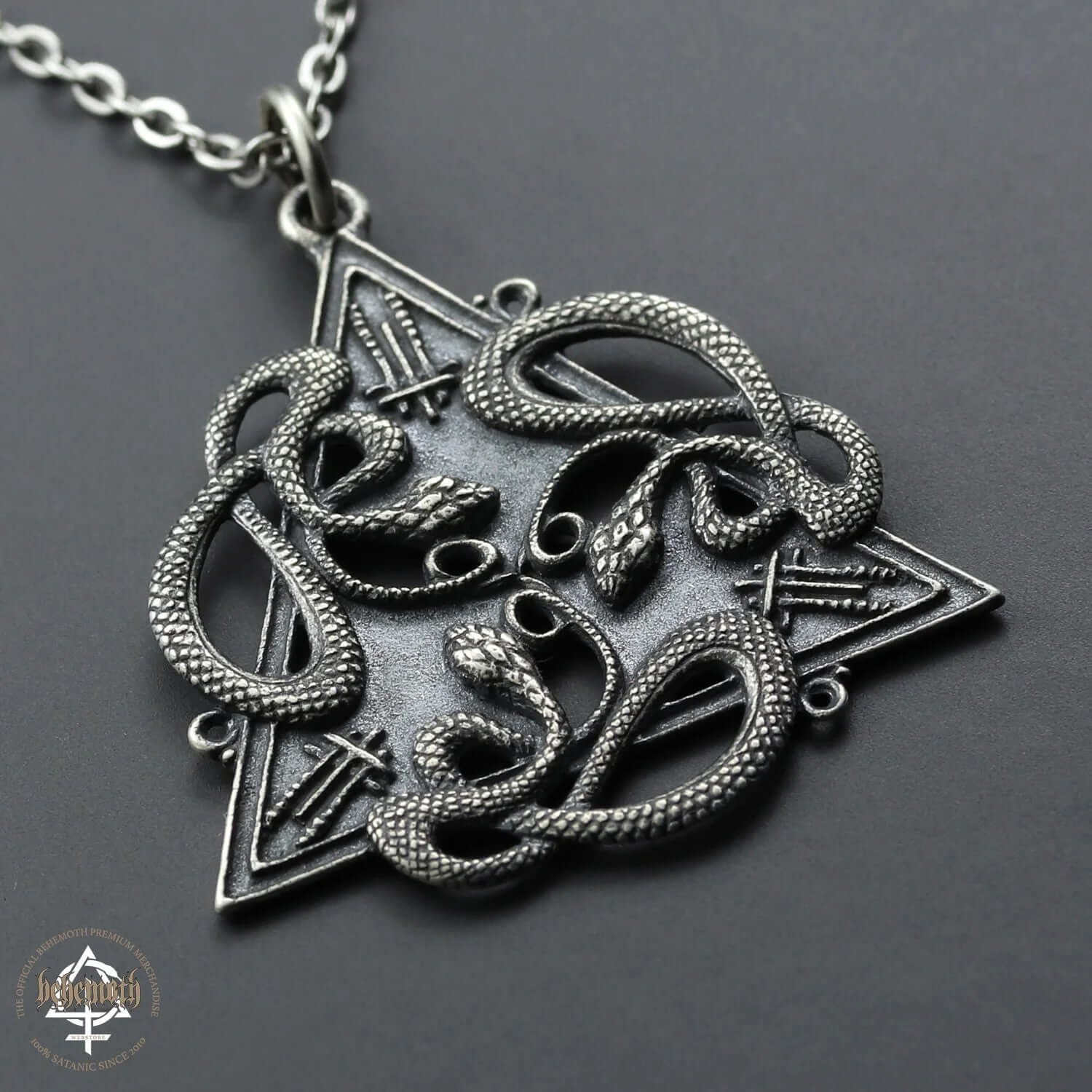 Behemoth '666' sterling silver necklace with intricate design, handcrafted and oxidized for detail, by Anna Mazon Jewellery.