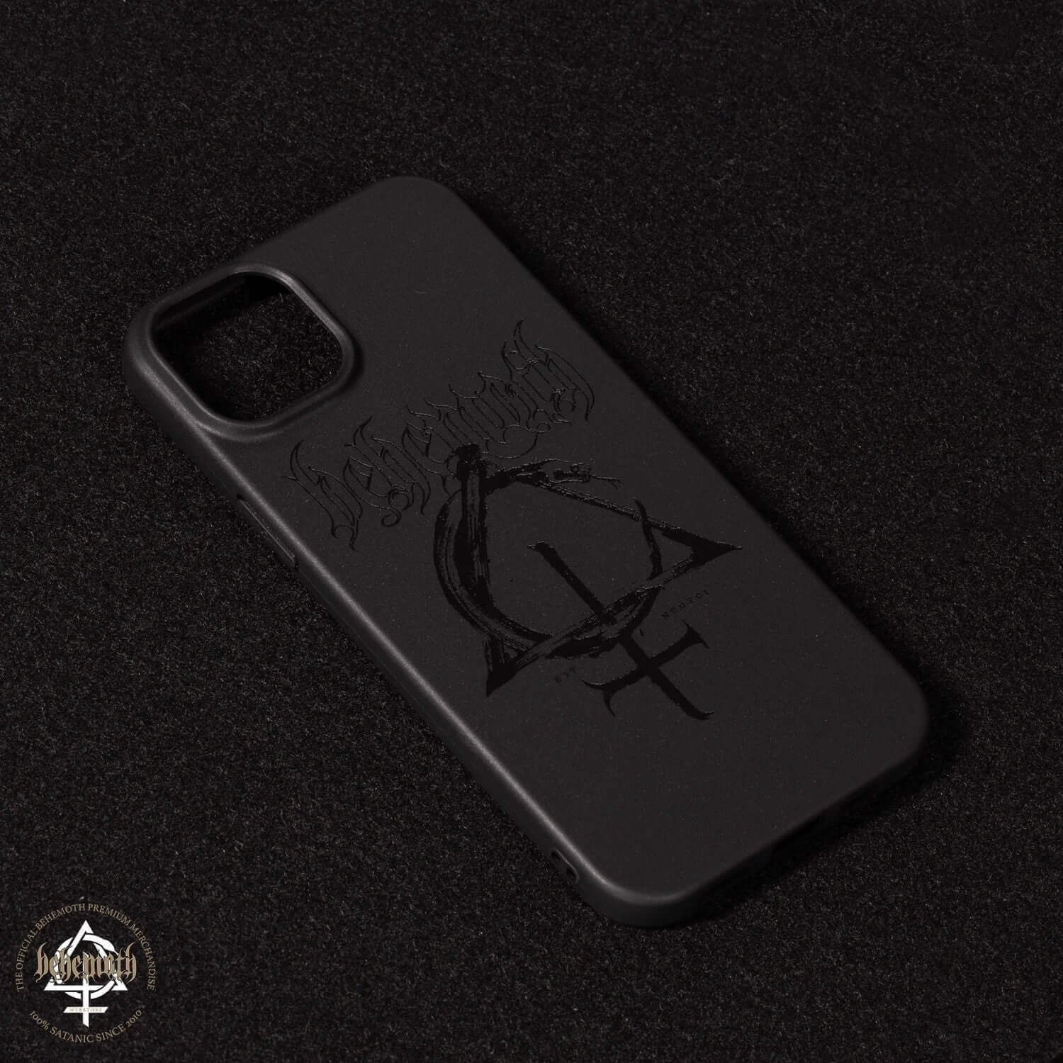 Black matte Behemoth silicone phone case for iPhone 15 Plus with glossy logo and Contra symbol, non-slip and protective design.