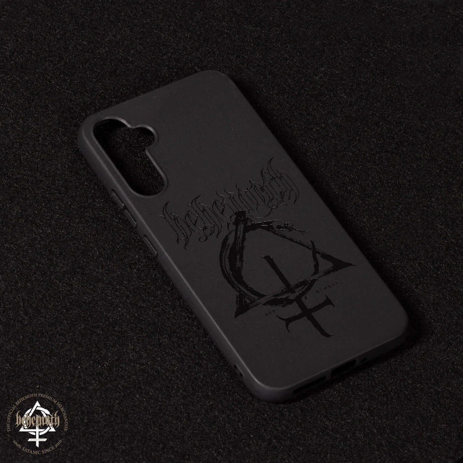 Black matte Behemoth silicone phone case for Samsung Galaxy A34 5G with glossy logo and Contra symbol