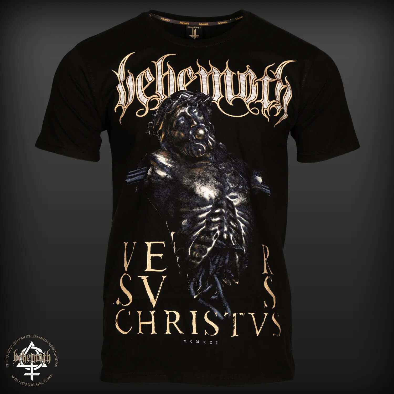 Behemoth 'Versvs Christvs' T-shirt with unique front and back print, unisex sizing, soft premium fabric, made in Poland.