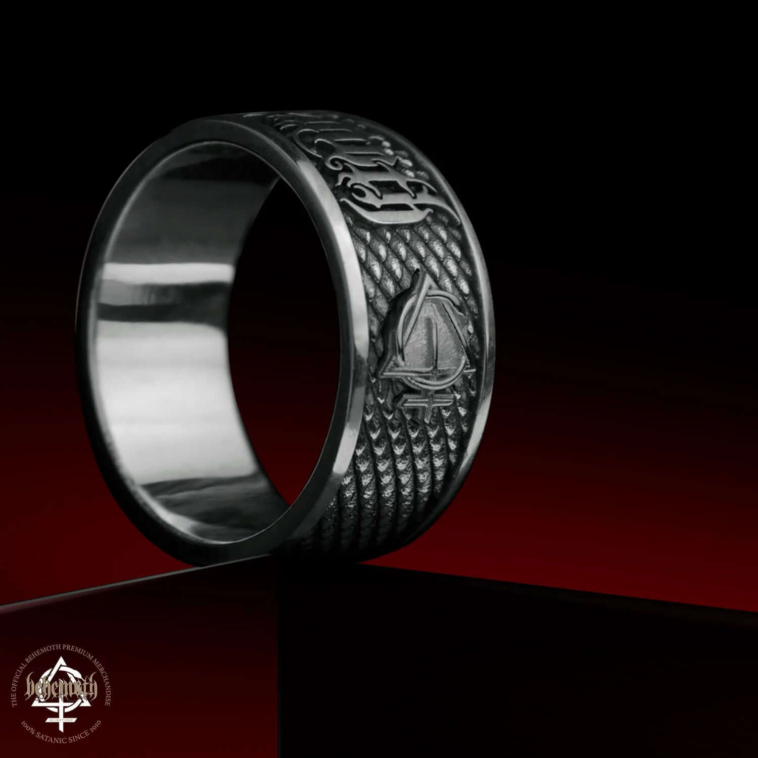 Sterling Silver Behemoth 'Contra' Ring by Tyvodar, preorder exclusive, high-quality design showcasing power and style on a red background.