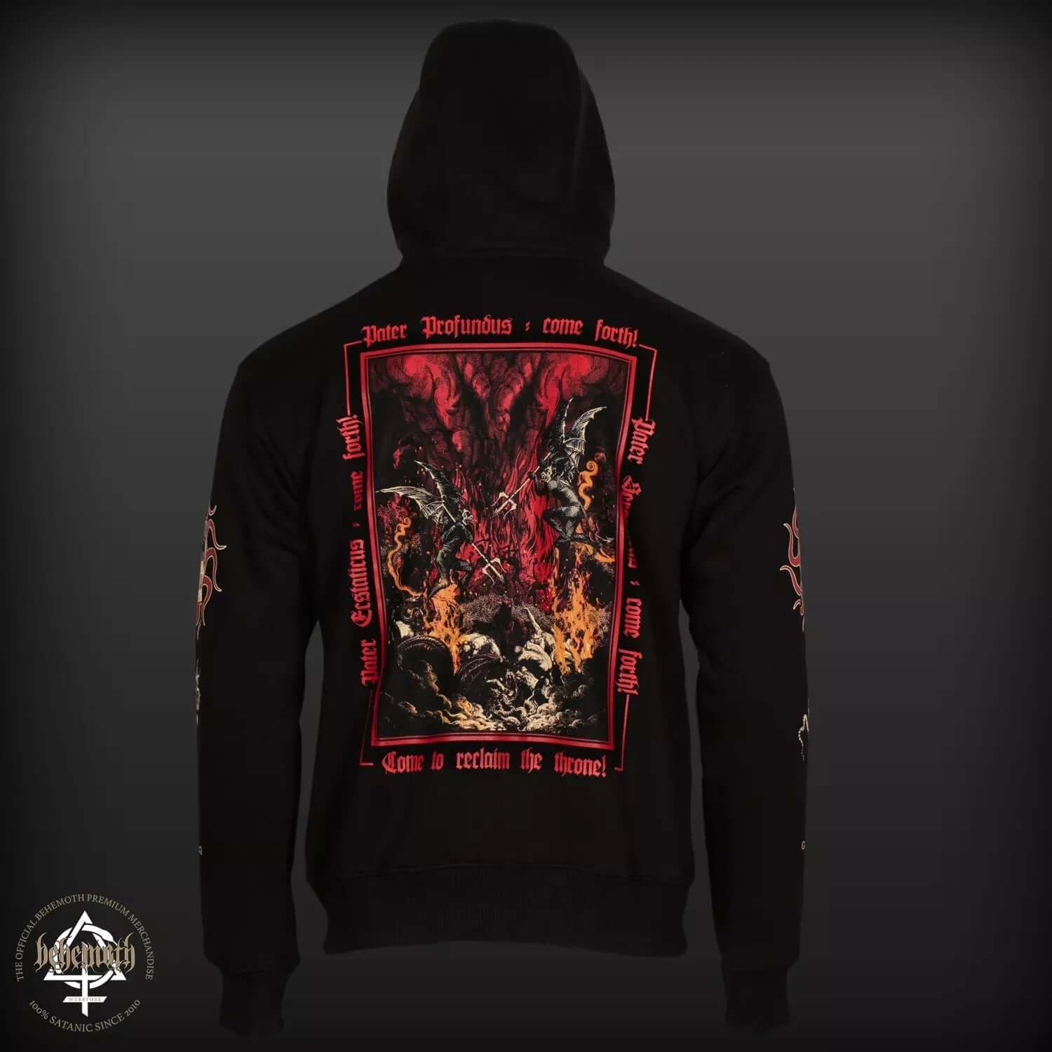 Behemoth 'Pater Profundus' black hooded sweatshirt with intricate red artwork and text on back, sleeves featuring side prints.