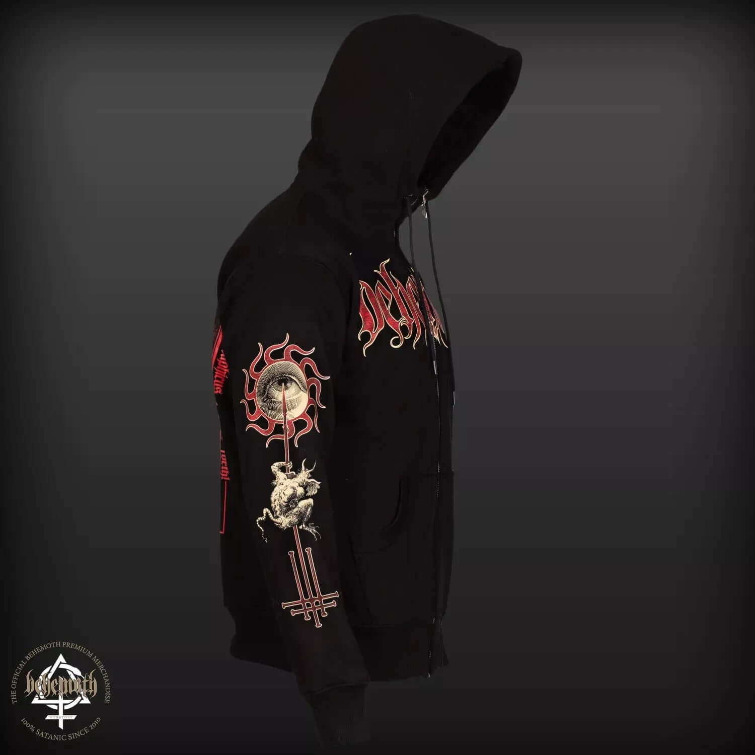 Behemoth 'Pater Profundus' hooded sweatshirt, black with detailed prints on sleeves and chest, premium quality with zip, side view