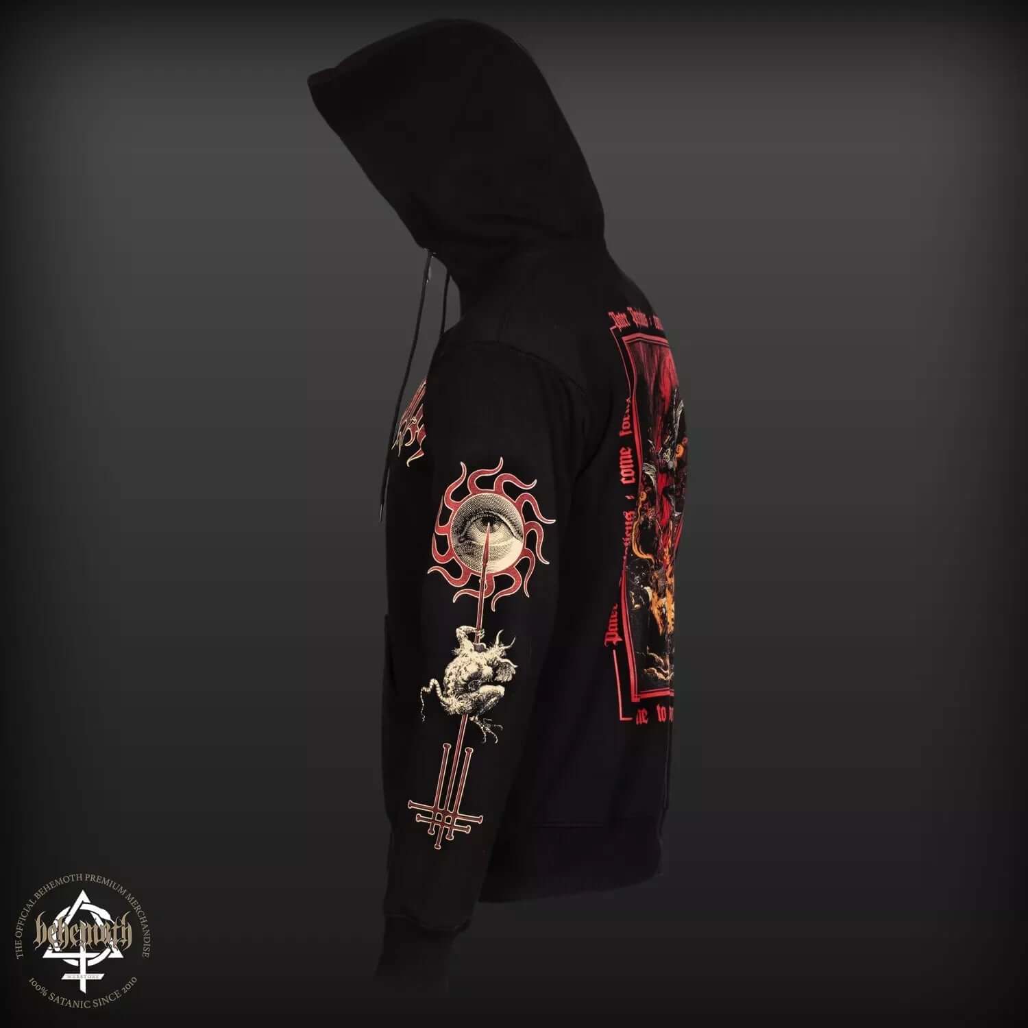 Side view of Behemoth 'Pater Profundus' hooded sweatshirt with intricate designs on sleeves and back, showcasing premium quality.