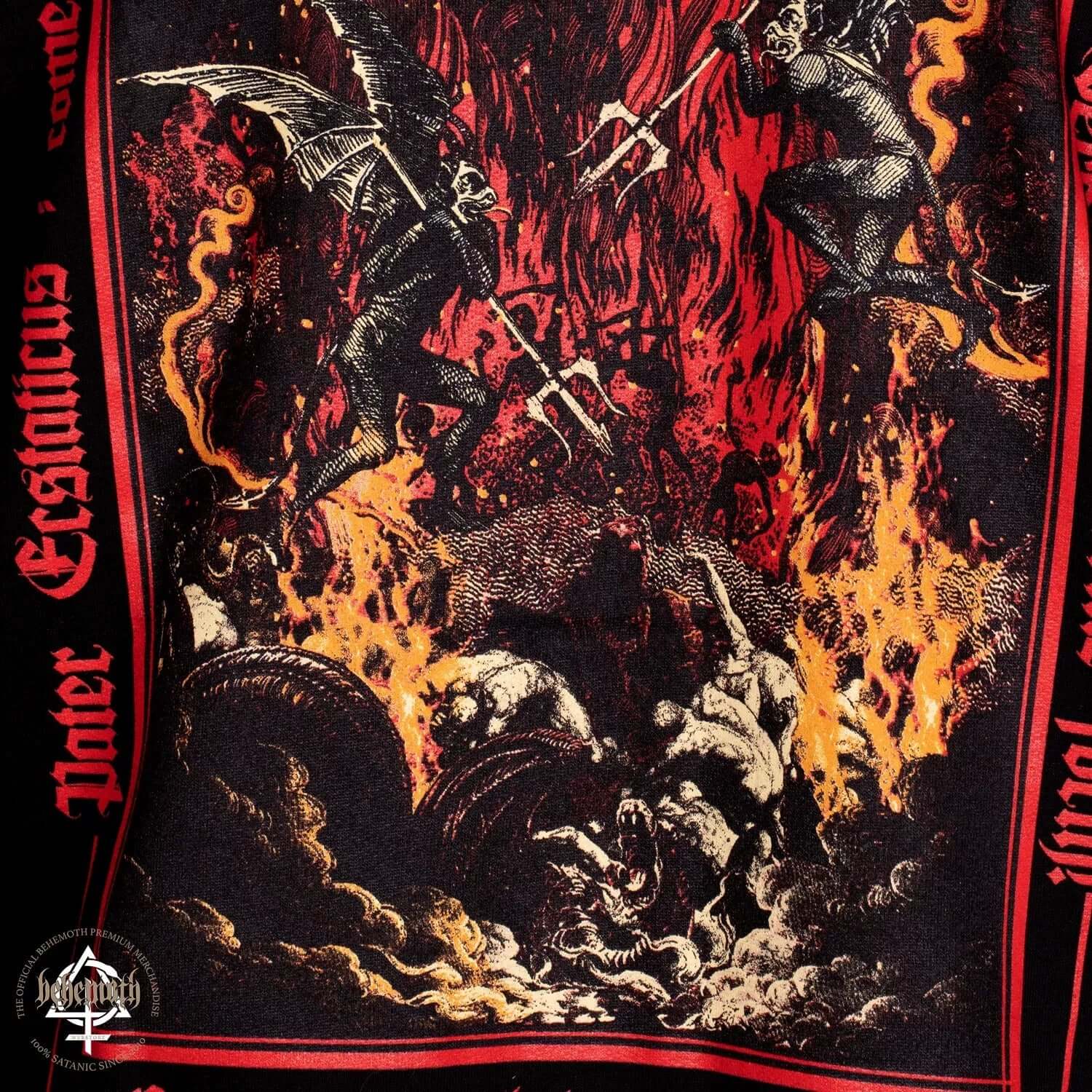 Behemoth 'Pater Profundus' hooded sweatshirt graphic featuring dark and fiery artwork with mythological figures.