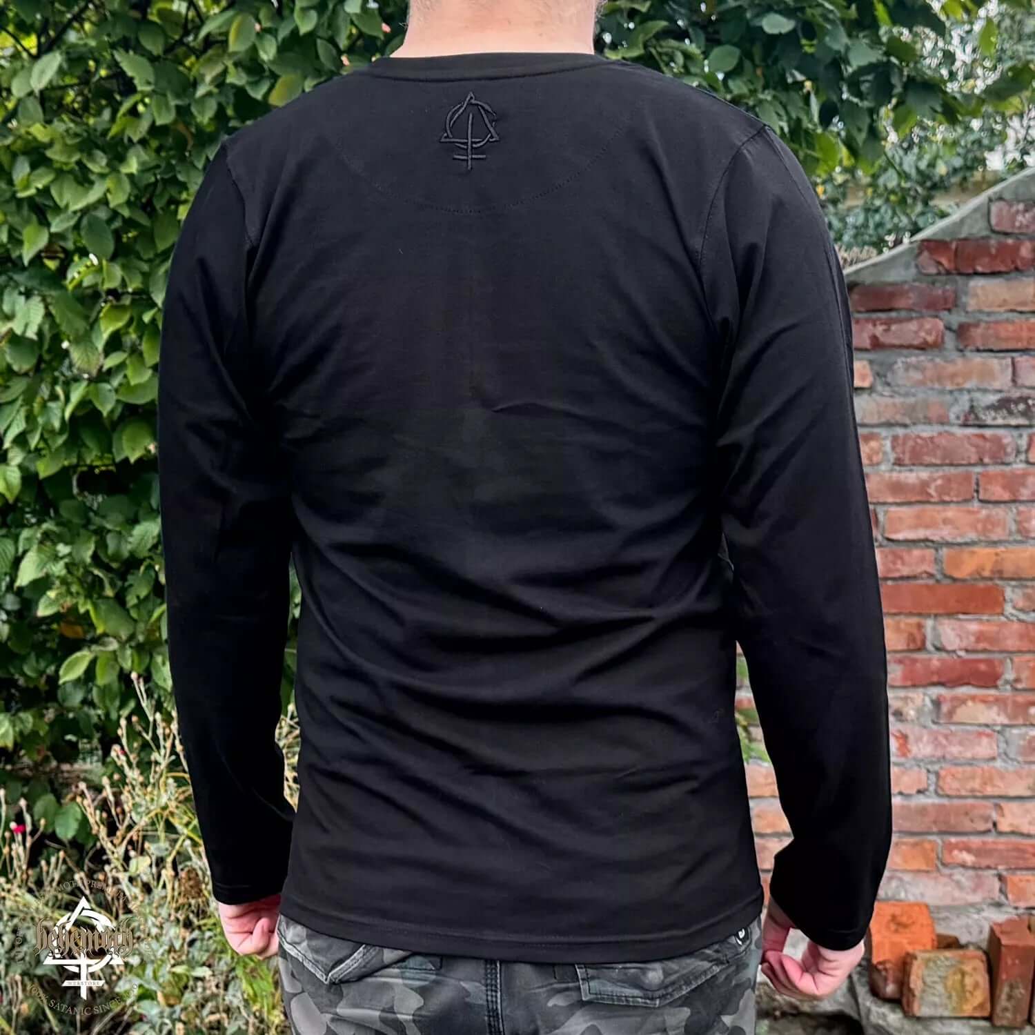 Back view of black Behemoth 'Logo' long sleeve shirt, embroidered logo on neck, from BOTB collection, unisex, premium quality.