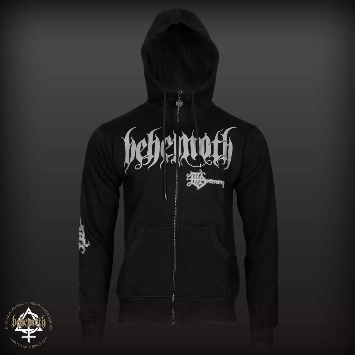 'The Satanist' Behemoth hooded sweatshirt with zip, featuring The Key and Behemoth Logo, unisex sizing, premium quality, black color.