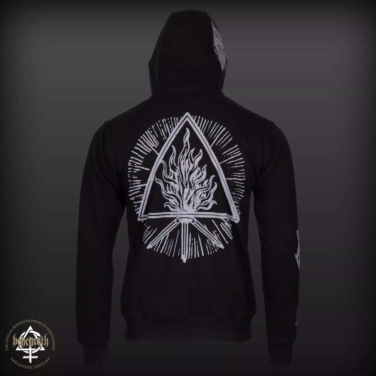 Back view of 'The Satanist' Behemoth black hooded sweatshirt with 'The Unholy Trinity' symbol and branding, premium quality fabric.