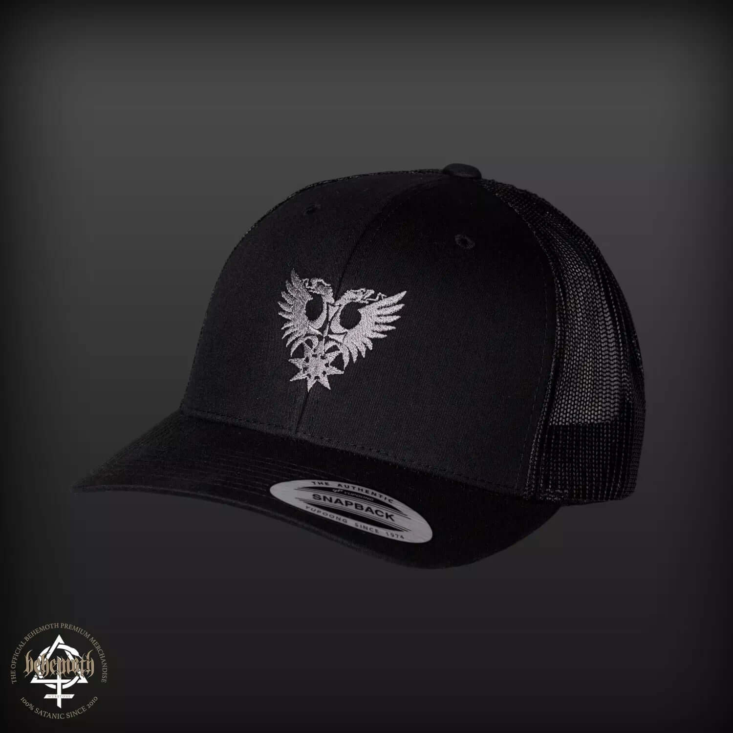Behemoth Phoenix Yupoong Flexfit classic trucker cap with embroidered design and adjustable back, showcasing retro craftsmanship.