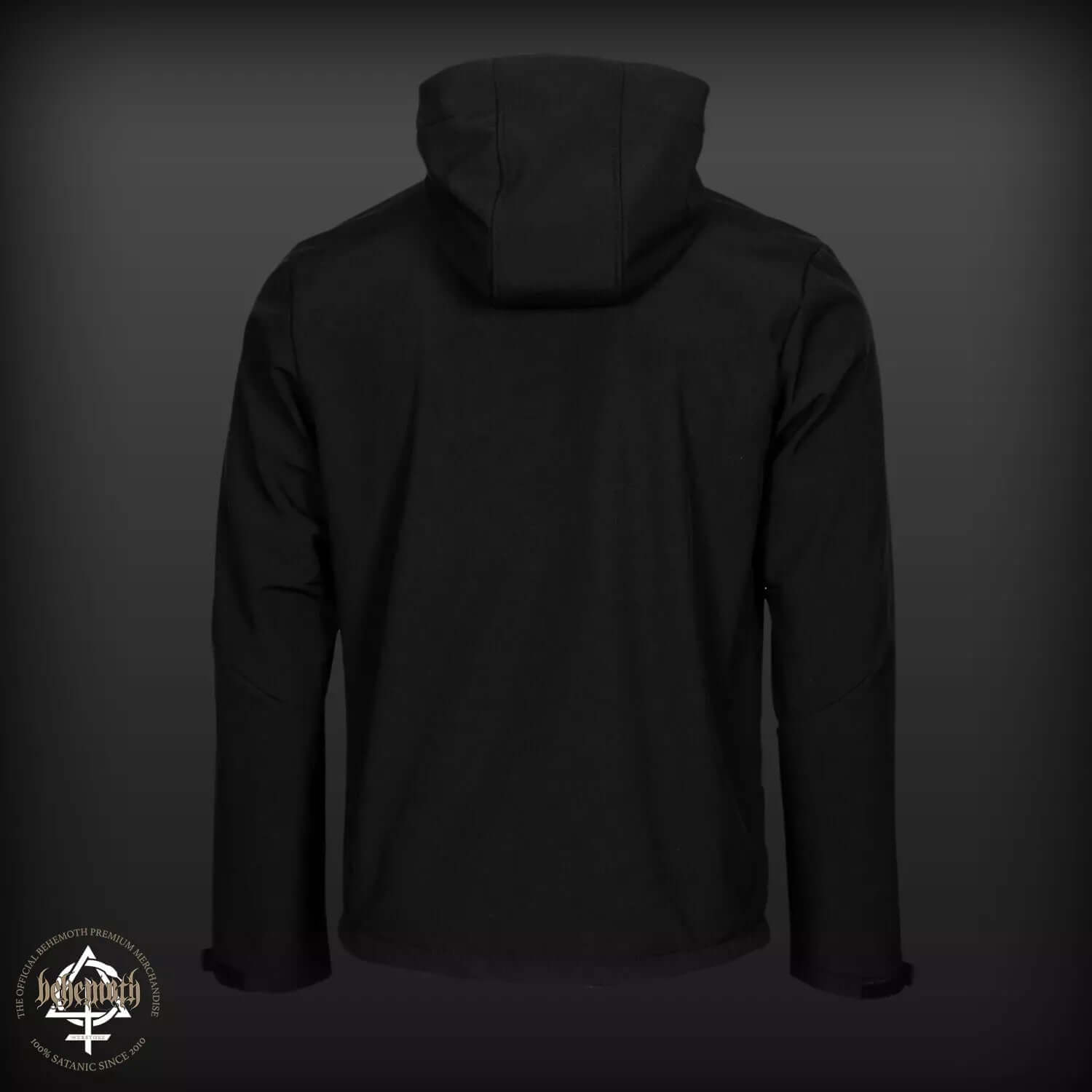 Back view of Behemoth 'Logo' Softshell Jacket, black with large hood and minimal branding, part of Blackest Ov The Black collection.