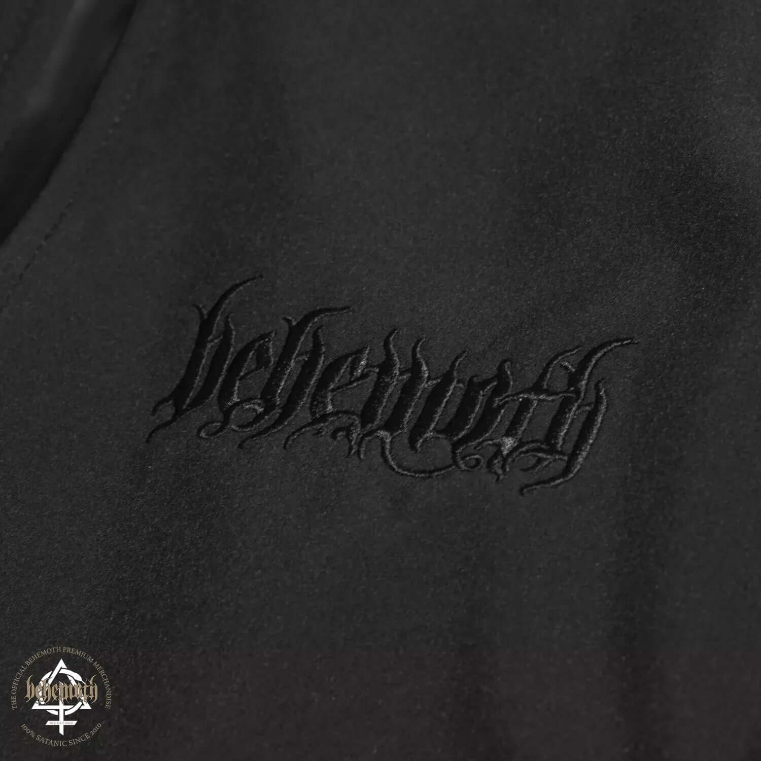 Behemoth Logo Softshell Jacket with embroidered logo from Blackest Ov The Black collection, black on black, unisex sizing, Poland-made.