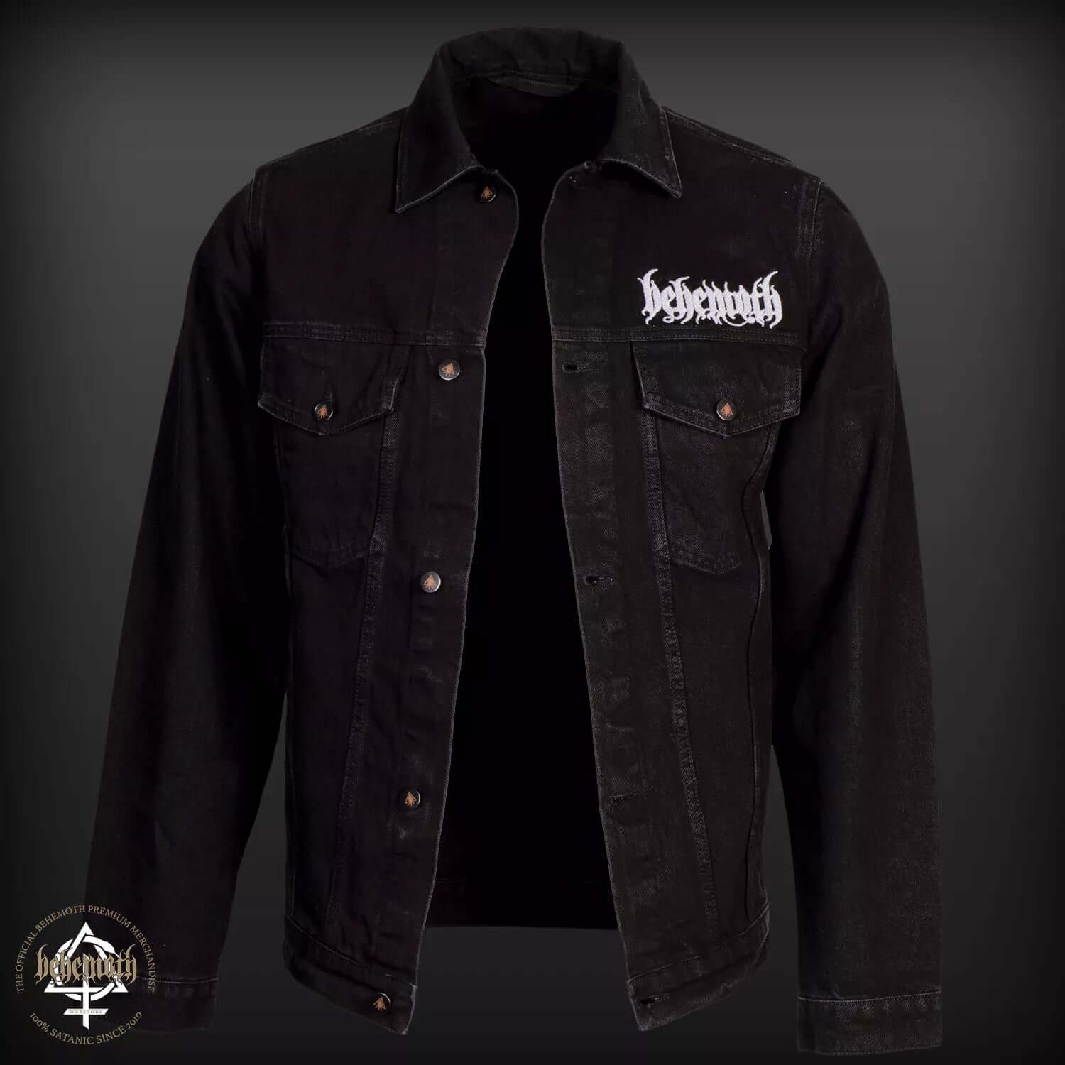 Black Behemoth denim jacket with embroidered logo on chest and unique Trinity symbol buttons, made in Poland.