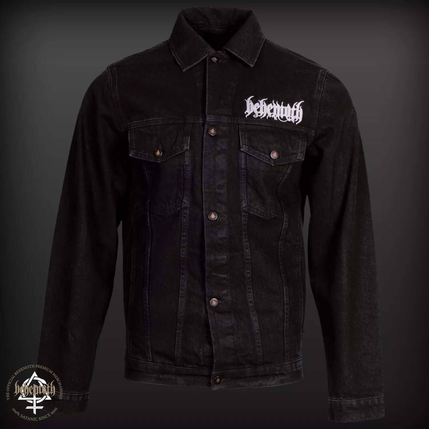 Behemoth embroidered black denim jacket with logo on chest and custom buttons, made in Poland from 100% thick denim.