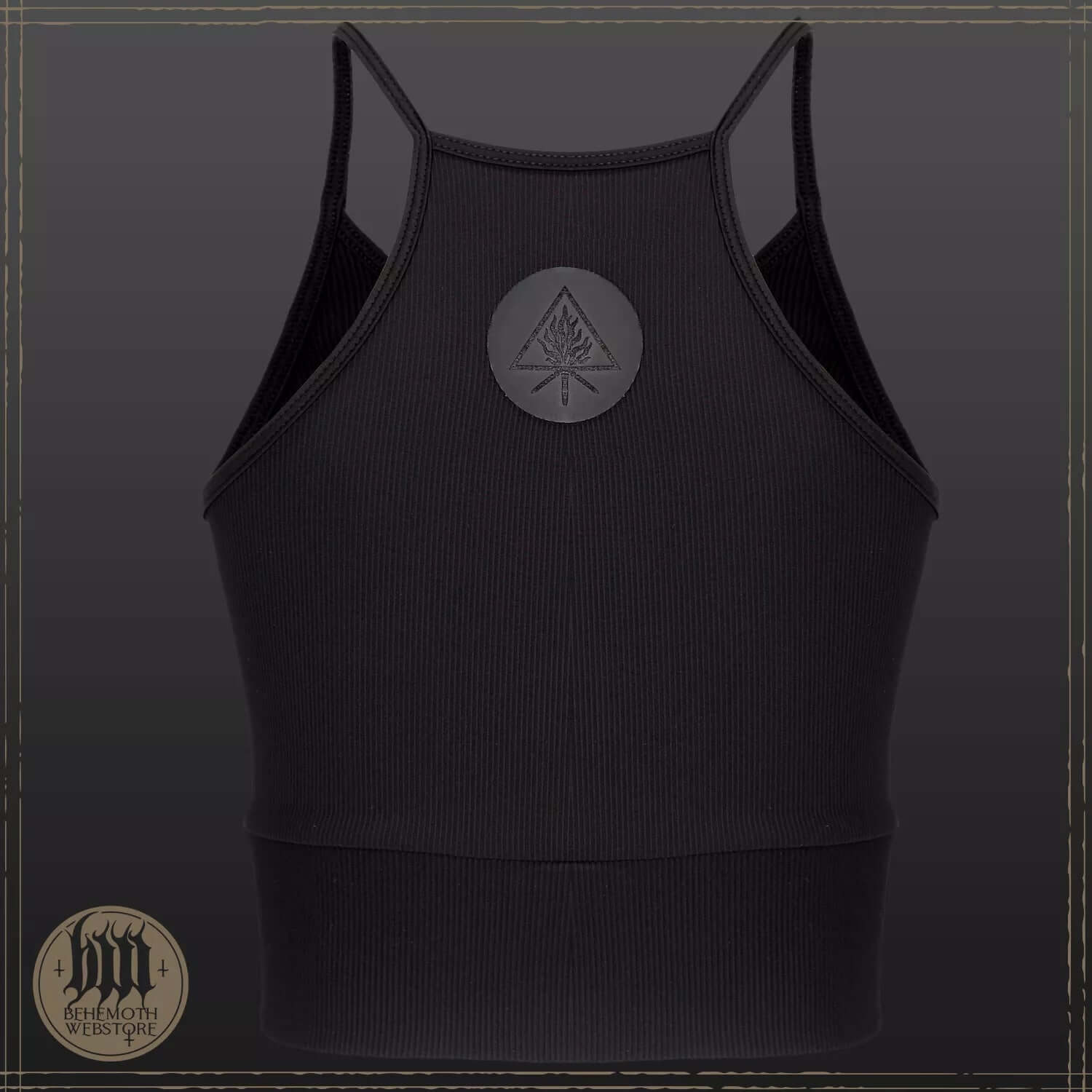 Behemoth 'The Unholy Trinity' ribbed sports top in black, featuring emblem from Blackest Ov Black collection. Premium Polish design.