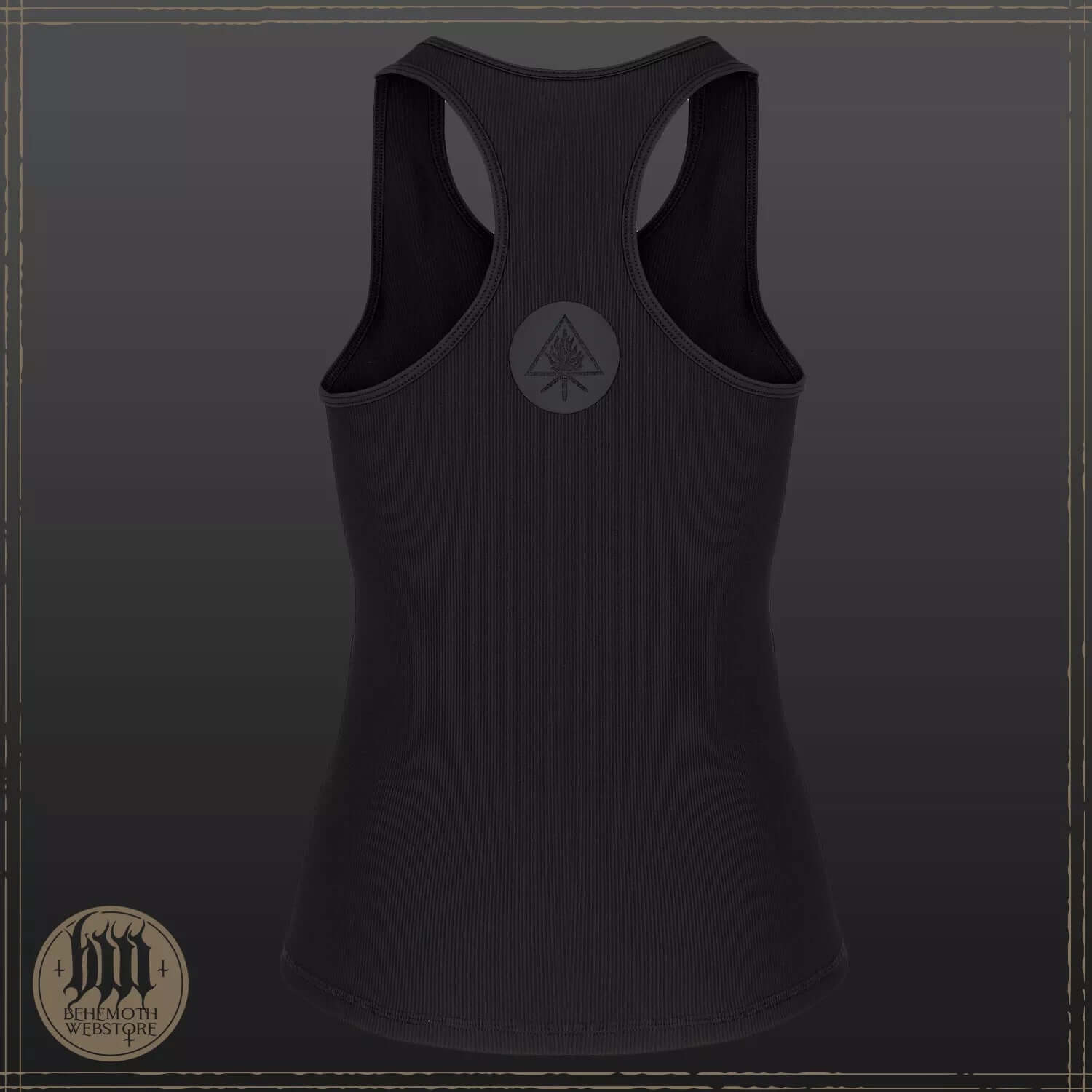 Behemoth Women's Sports Sleeveless Shirt in Black, featuring ribbed texture and discreet logo on back, premium fitness apparel.