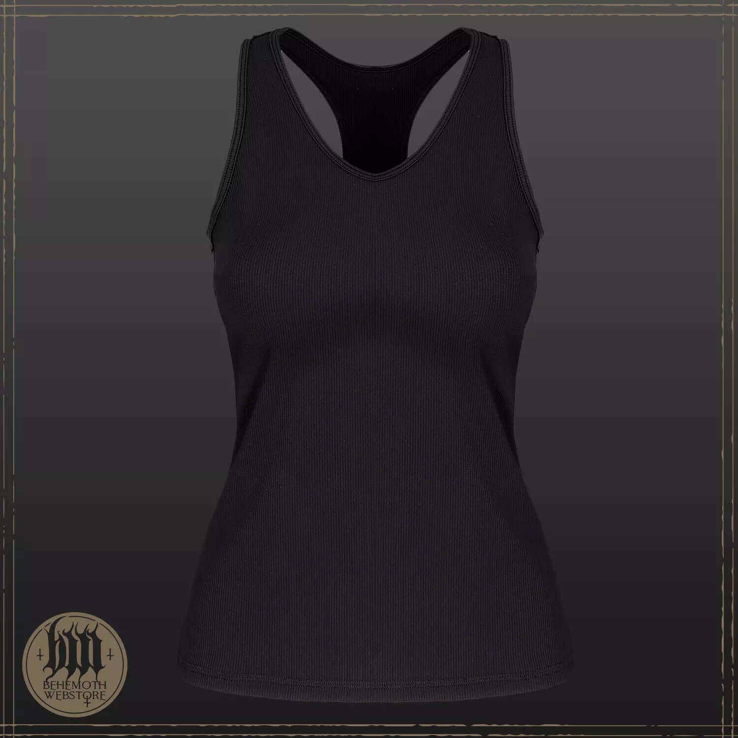Black Behemoth women's sports sleeveless shirt with ribbed texture and discrete logo, innovative fitness apparel