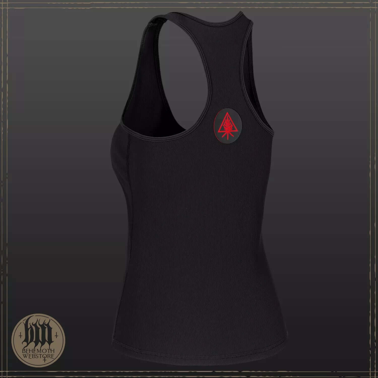 Behemoth women's premium sports sleeveless shirt, ribbed texture, black with red logo, back view.