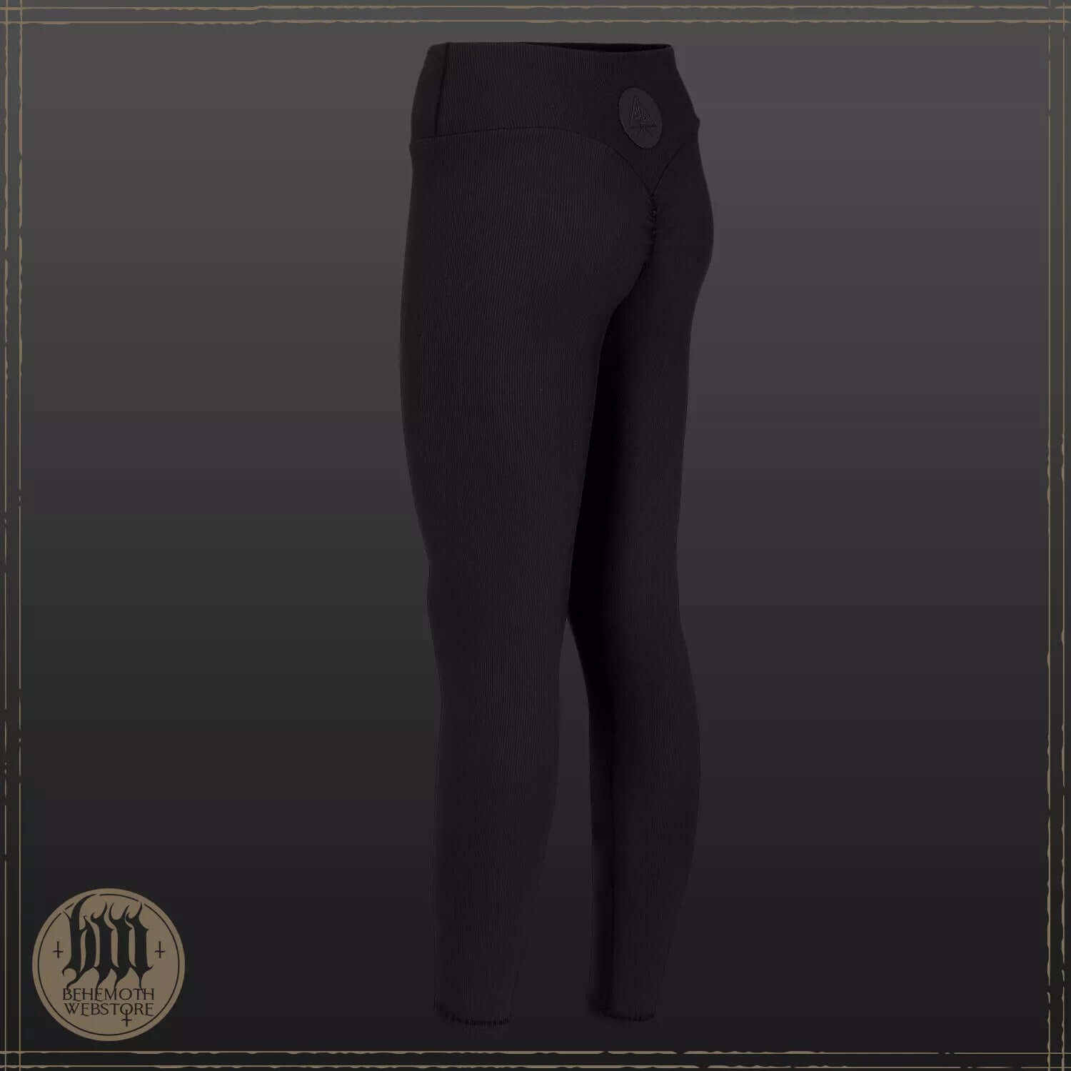 Behemoth "The Unholy Trinity" ribbed leggings, black, side view, polyamide knit activewear, crafted in Poland.
