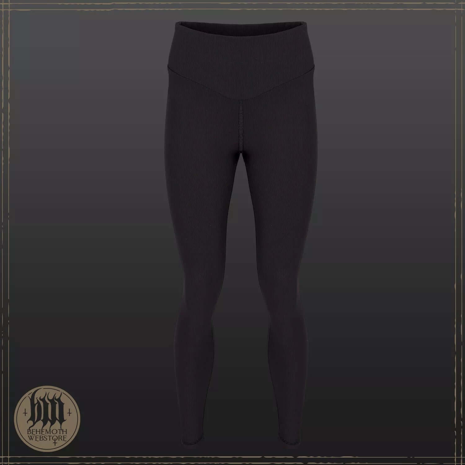 Behemoth "The Unholy Trinity" ribbed leggings in dark color, crafted in Poland, showcasing high waist design for activewear.