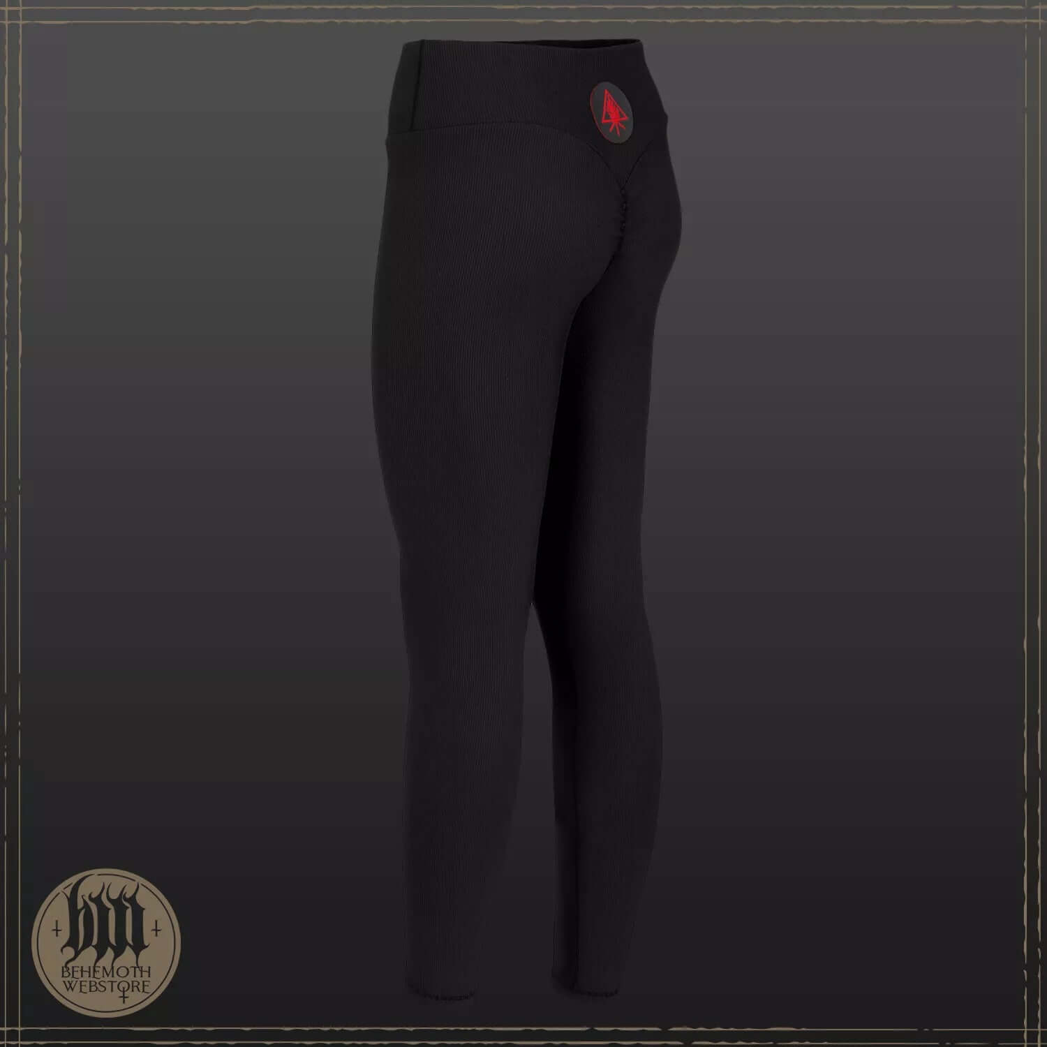 Behemoth 'The Unholy Trinity' Ribbed Leggings in black, crafted from innovative polyamide knit, showcasing back design and logo.