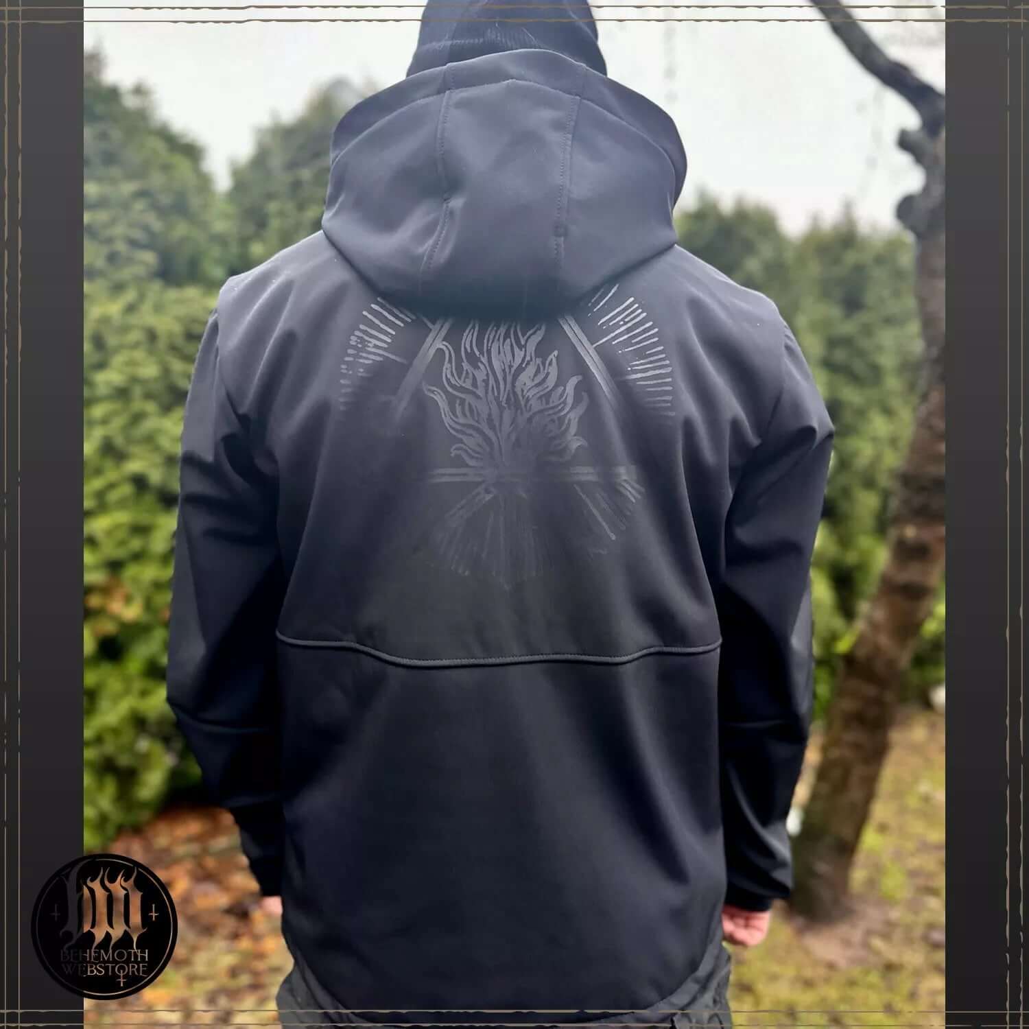 Black Behemoth Legions softshell jacket with back Unholy Trinity print, large hood, and embroidered logos from the Blackest Ov The Black collection.
