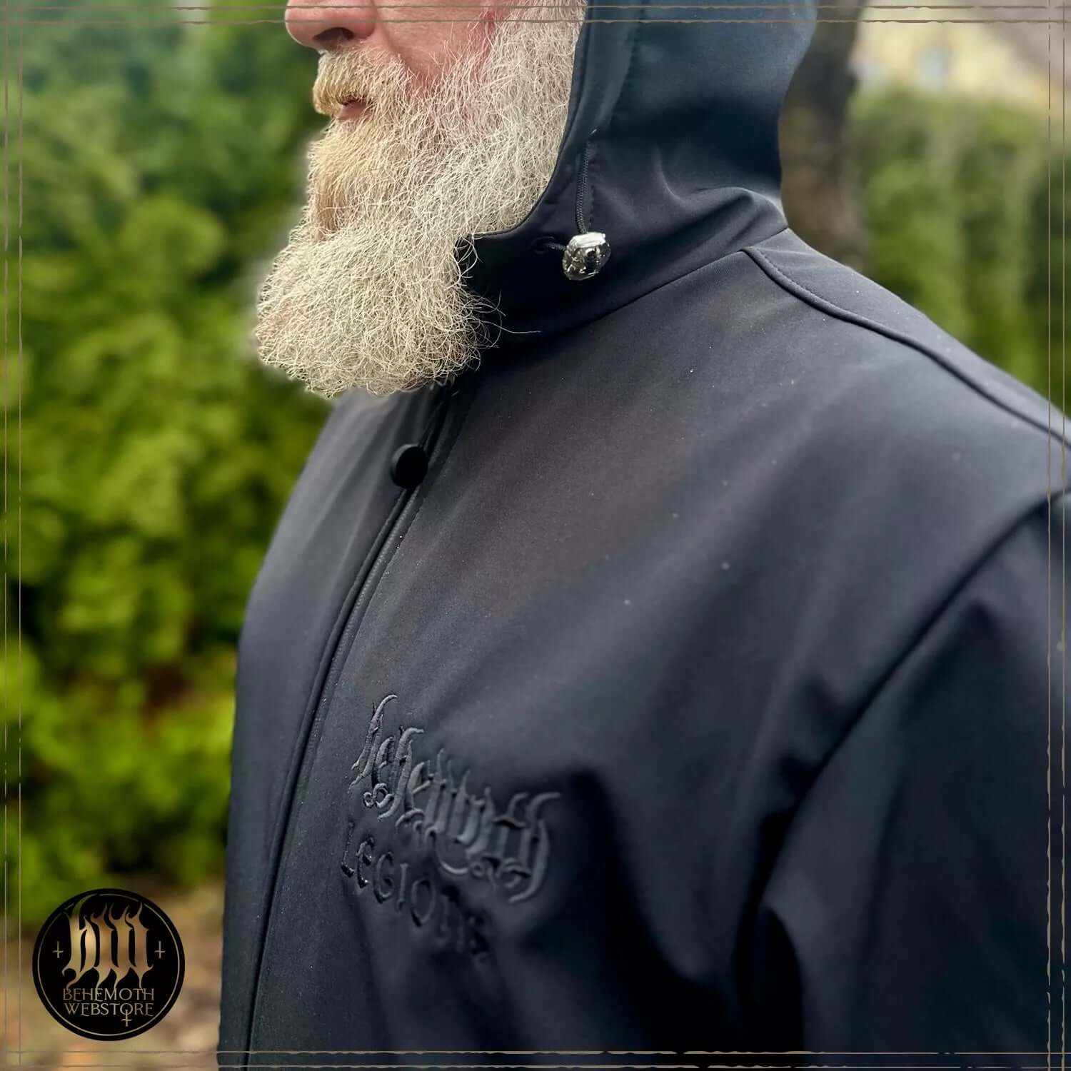 Behemoth 'Legions' Softshell Jacket, black, embroidered logos, large hood, unisex, Behemoth The Unholy Trinity symbol, black zip pullers.