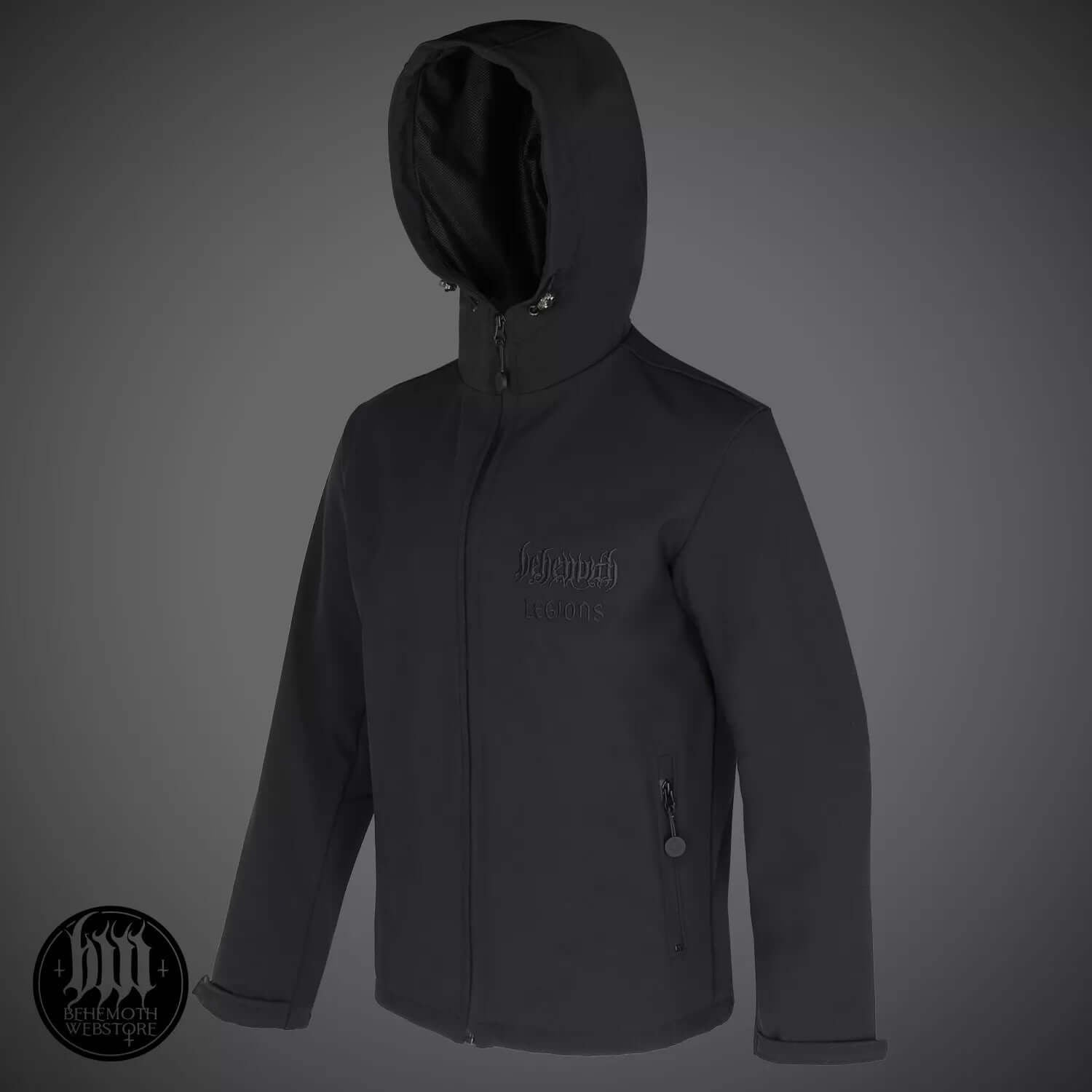 Behemoth Legions softshell jacket, black minimalist design, embroidered logos, with hood and two pockets, from Blackest Ov The Black collection.