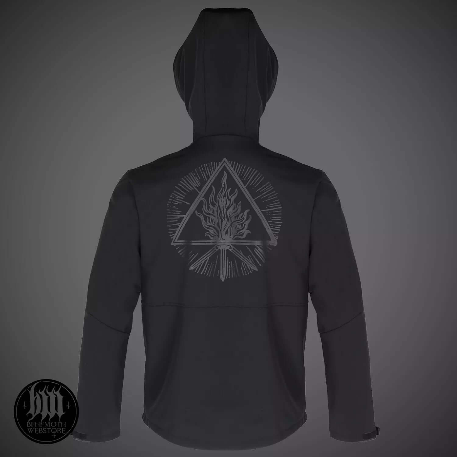 Back view of Behemoth 'Legions' Softshell Jacket with the Unholy Trinity symbol, featuring a large hood and velcro-fastened cuffs.
