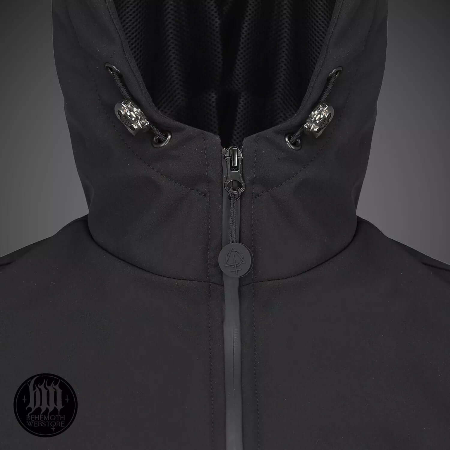 Black Behemoth 'Legions' softshell jacket with logo embroidery and hood, featuring black zip pullers, from Blackest Ov The Black collection.