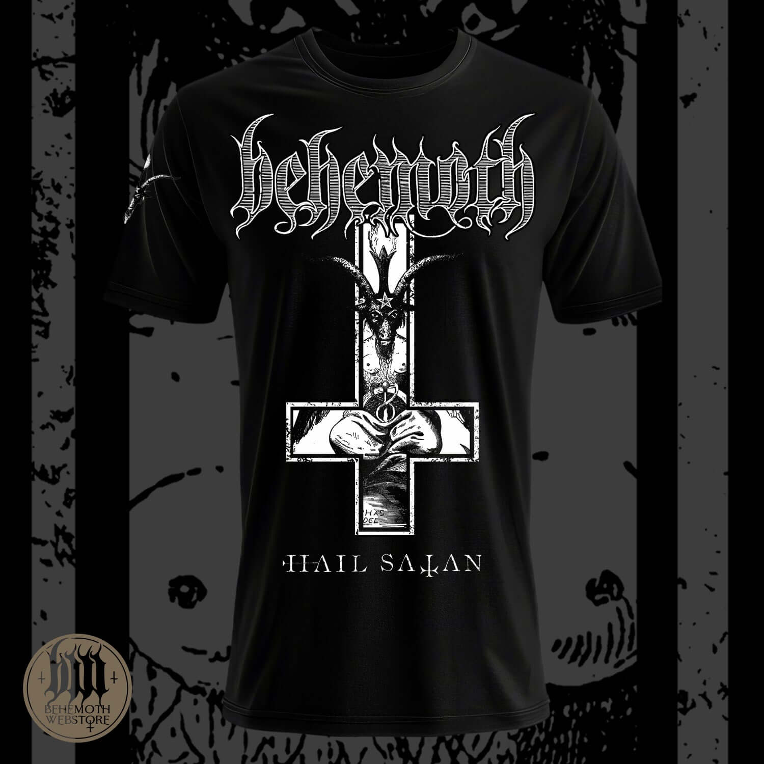 Behemoth 'Hail Satan' t-shirt featuring a bold graphic design and logo, made from premium cotton in Poland for metal band fans.