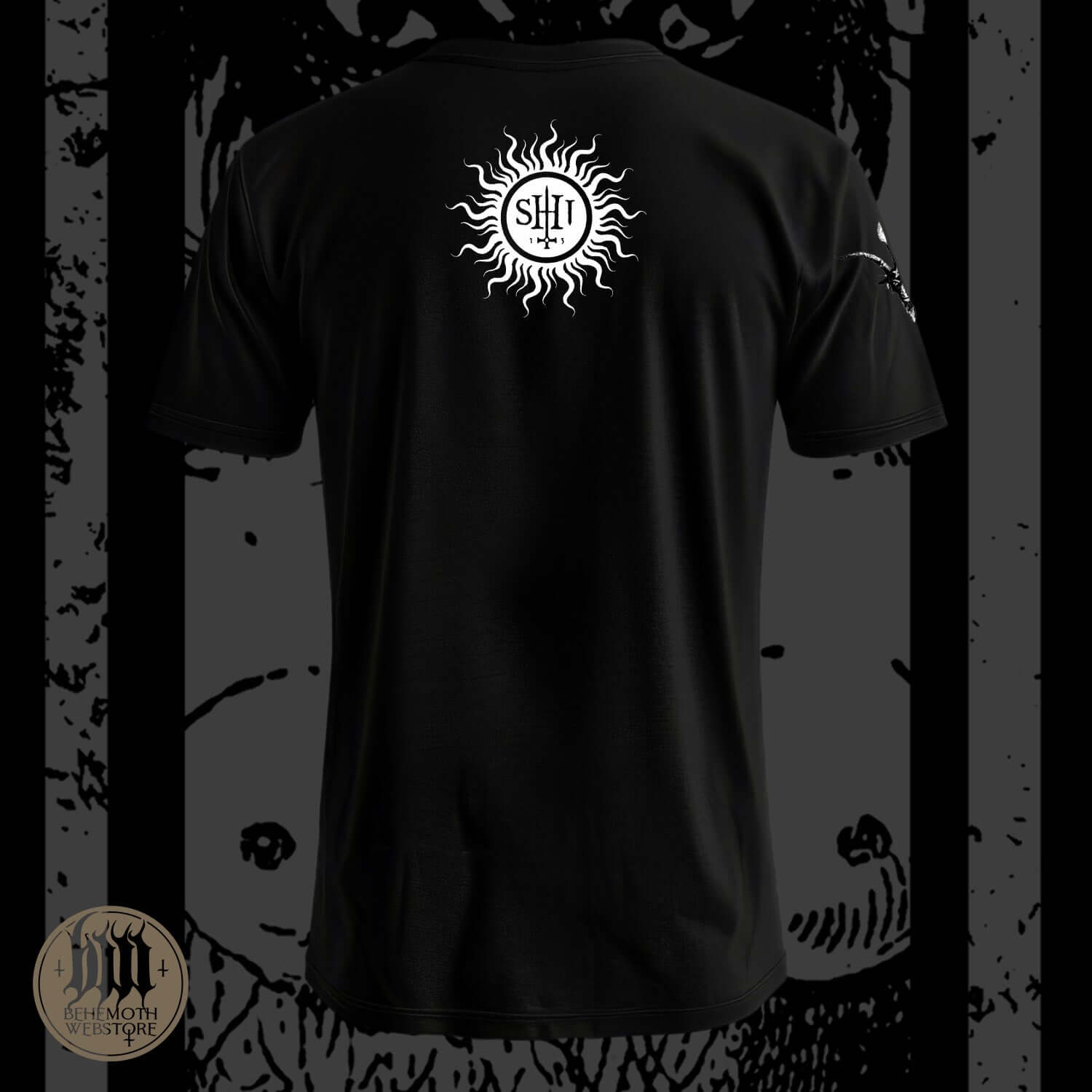 Behemoth 'Hail Satan' t-shirt with sun logo, crafted from premium cotton for comfort and durability, showcasing iconic metal band support.