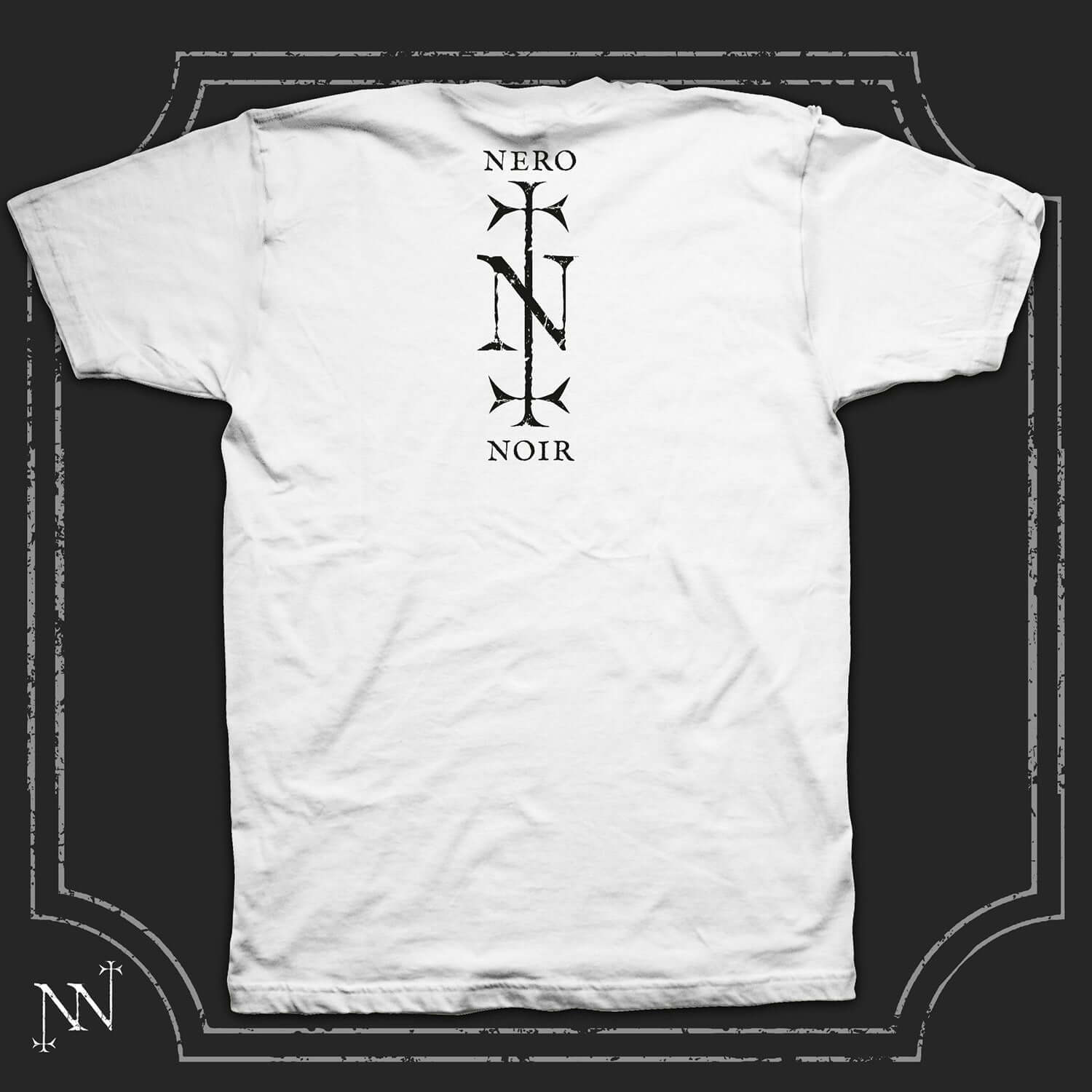 NeroNoir 'Pity Not The Fallen' white T-shirt with unique graphic, limited 48h release by Nergal, minimalist back design.