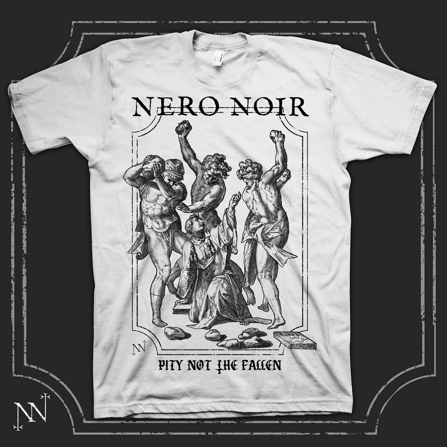 NeroNoir Pity Not The Fallen Limited Edition White T-Shirt with artistic design, by Nergal, showcasing strength beyond suffering.